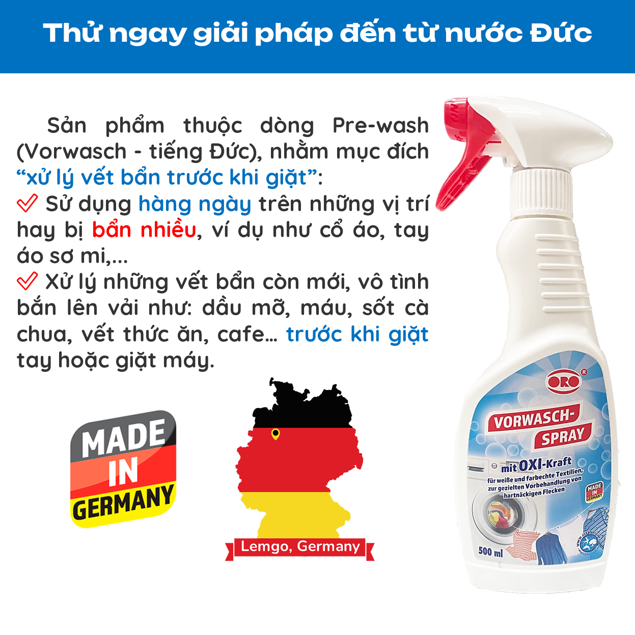 Mô tả Xịt Tẩy Ố Quần Áo ORO Tẩy Vết Bẩn, Tẩy Trắng Quần Áo, Không Hại Vải, Tẩy Cổ Áo, Tẩy Áo Màu, Tẩy Ố Vàng 500ml - 2