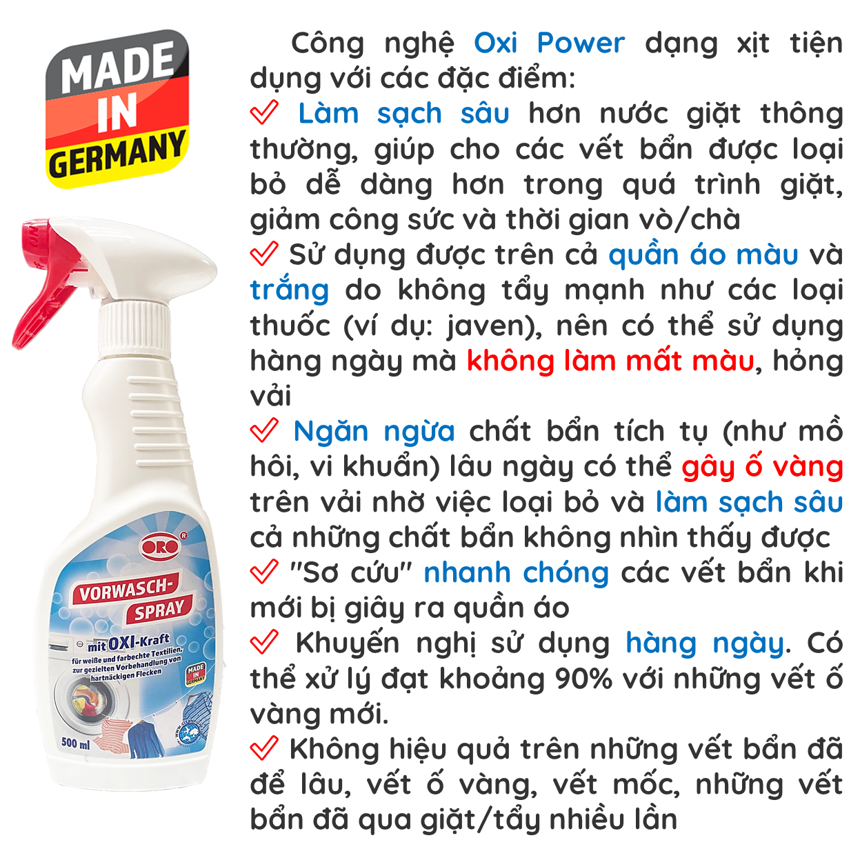 Mô tả Xịt Tẩy Ố Quần Áo ORO Tẩy Vết Bẩn, Tẩy Trắng Quần Áo, Không Hại Vải, Tẩy Cổ Áo, Tẩy Áo Màu, Tẩy Ố Vàng 500ml - 3
