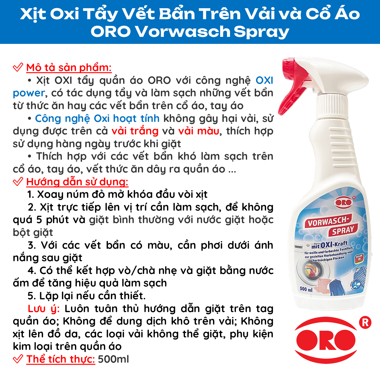 Mô tả Xịt Tẩy Ố Quần Áo ORO Tẩy Vết Bẩn, Tẩy Trắng Quần Áo, Không Hại Vải, Tẩy Cổ Áo, Tẩy Áo Màu, Tẩy Ố Vàng 500ml - 4