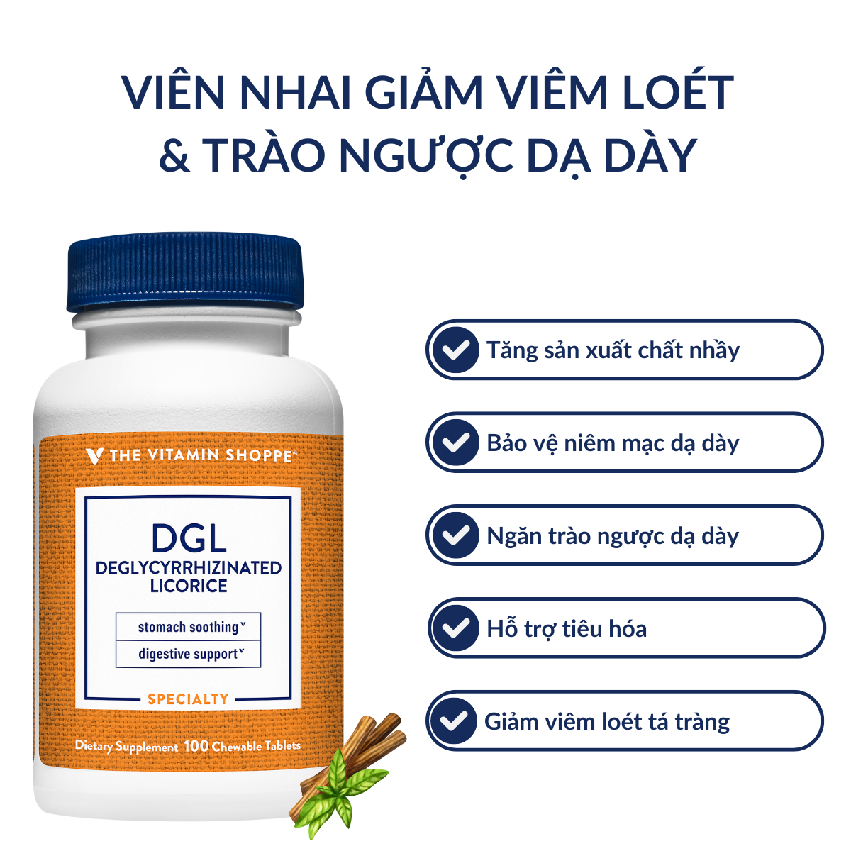 Mô tả Viên Nhai Giảm Viêm Loét Dạ Dày và Trào Ngược The Vitamin Shoppe DGL 100 viên - 1