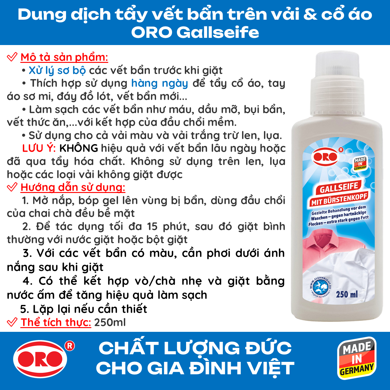 Mô tả Dung Dịch Tẩy Vết Ố Quần Áo ORO GALLSEIFE Tẩy Đồ Lót, Tẩy Cổ Áo Sơmi, Tẩy Vết Thức Ăn, Tẩy Quần Áo Màu,Tẩy Trắng Quần Áo - 3