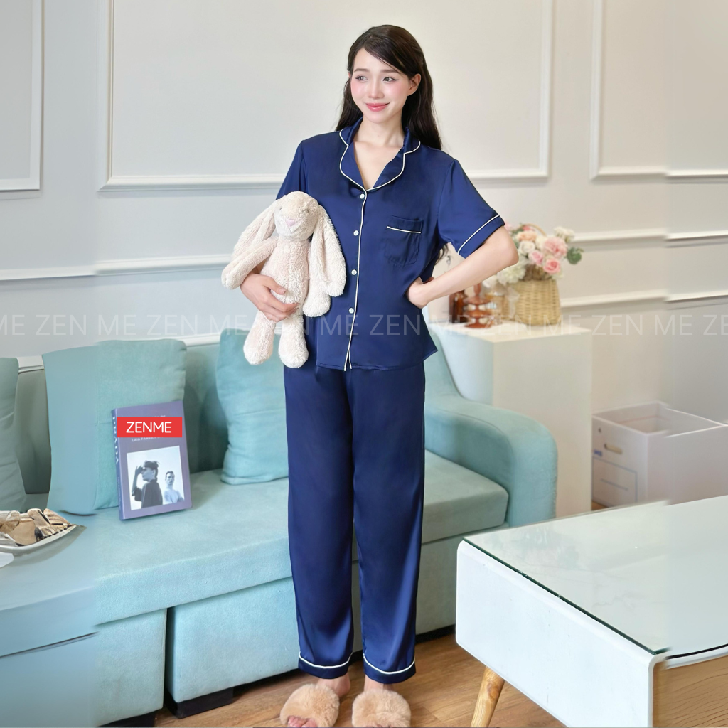 Mô tả Bộ Ngủ Pijama ZENME Lụa Latin Cao Cấp Mặc Nhà Nữ Tay Ngắn Quần Dài Xanh Than PJD0322 - 1