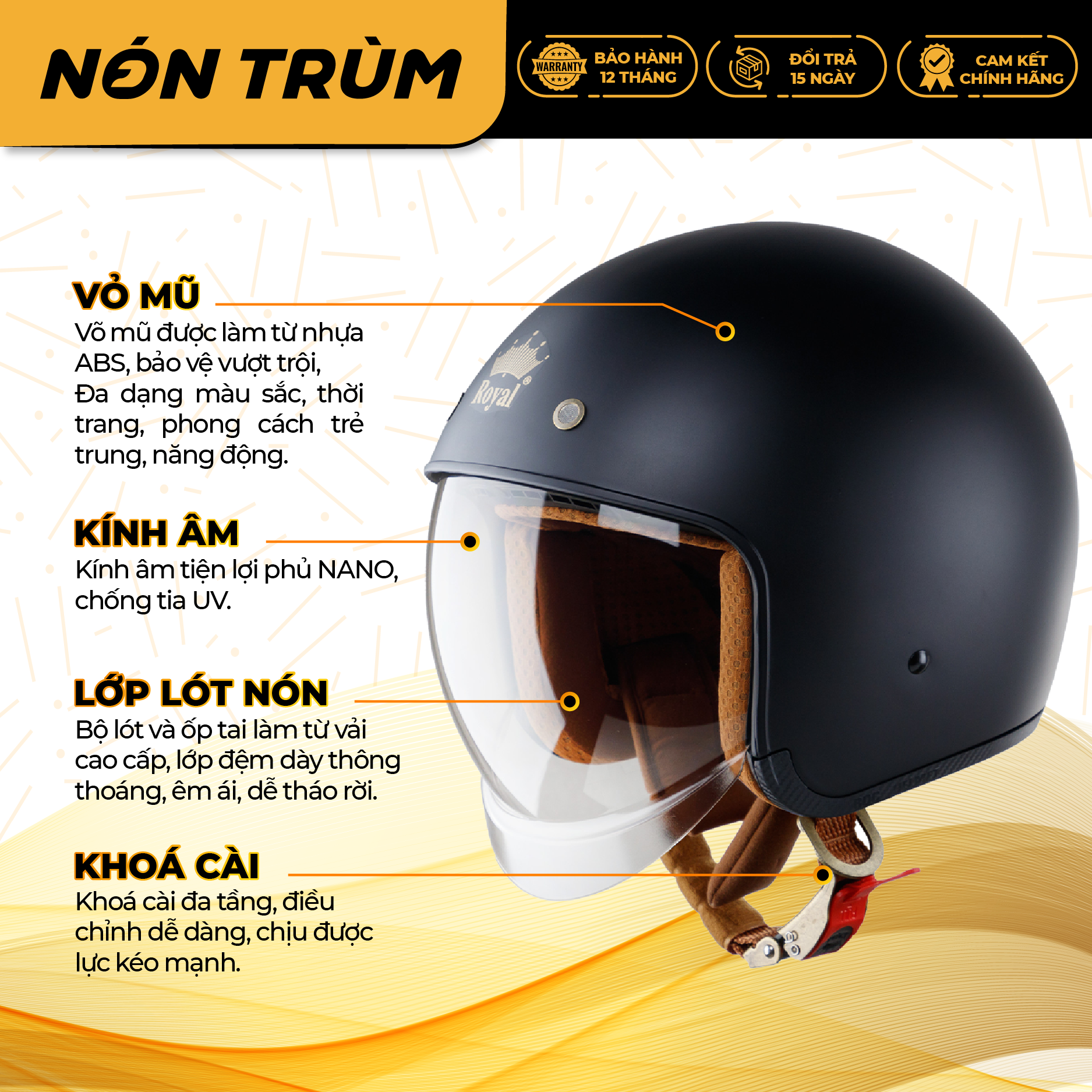 Mô tả Nón bảo hiểm 3/4 ROYAL M139 có kính âm màu vàng nghệ cam bóng - 1