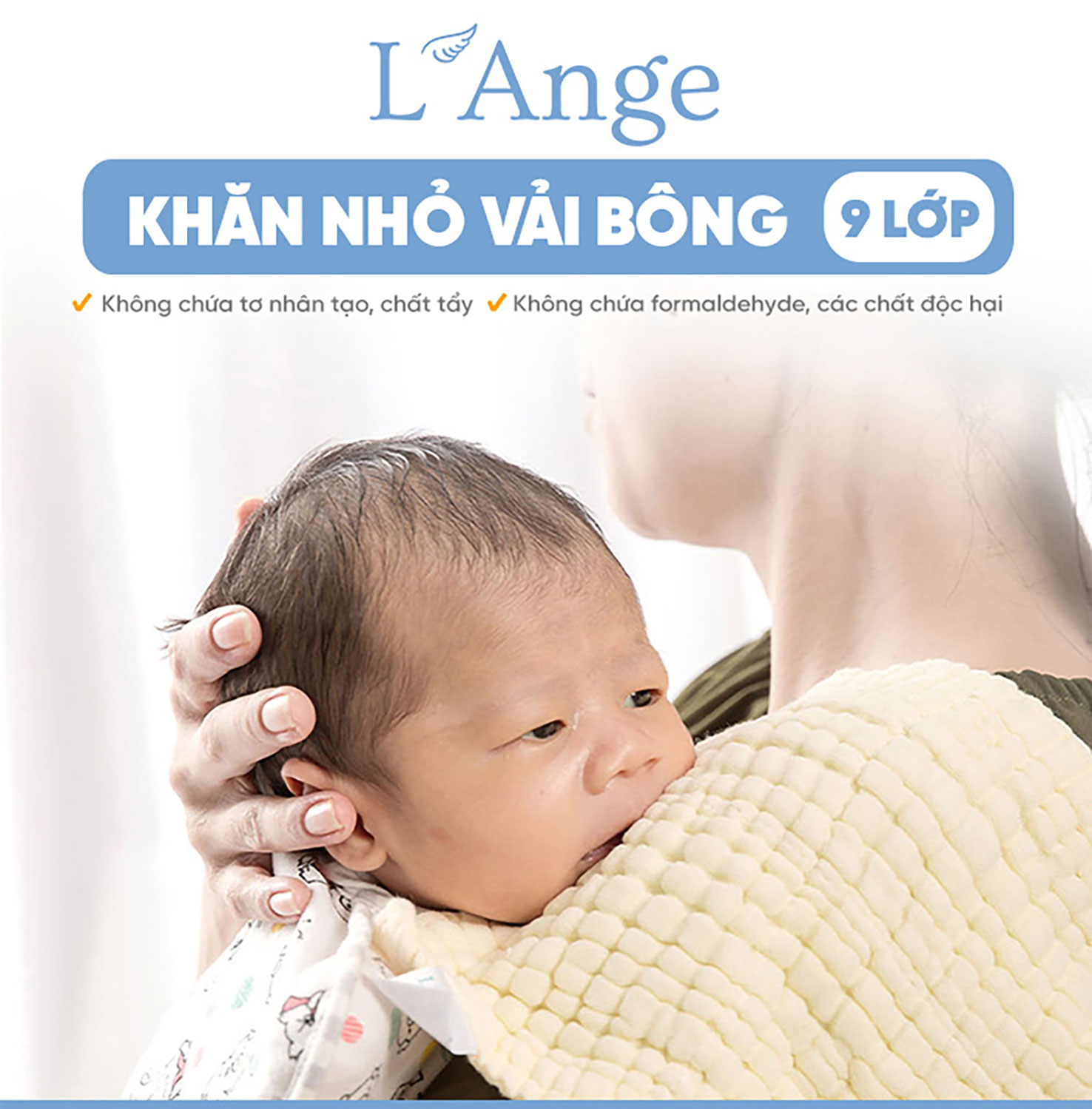 Mô tả Khăn lau mặt L'Ange chất liệu vải bông 9 lớp 22x22cm cho bé (set 3 cái) - 1