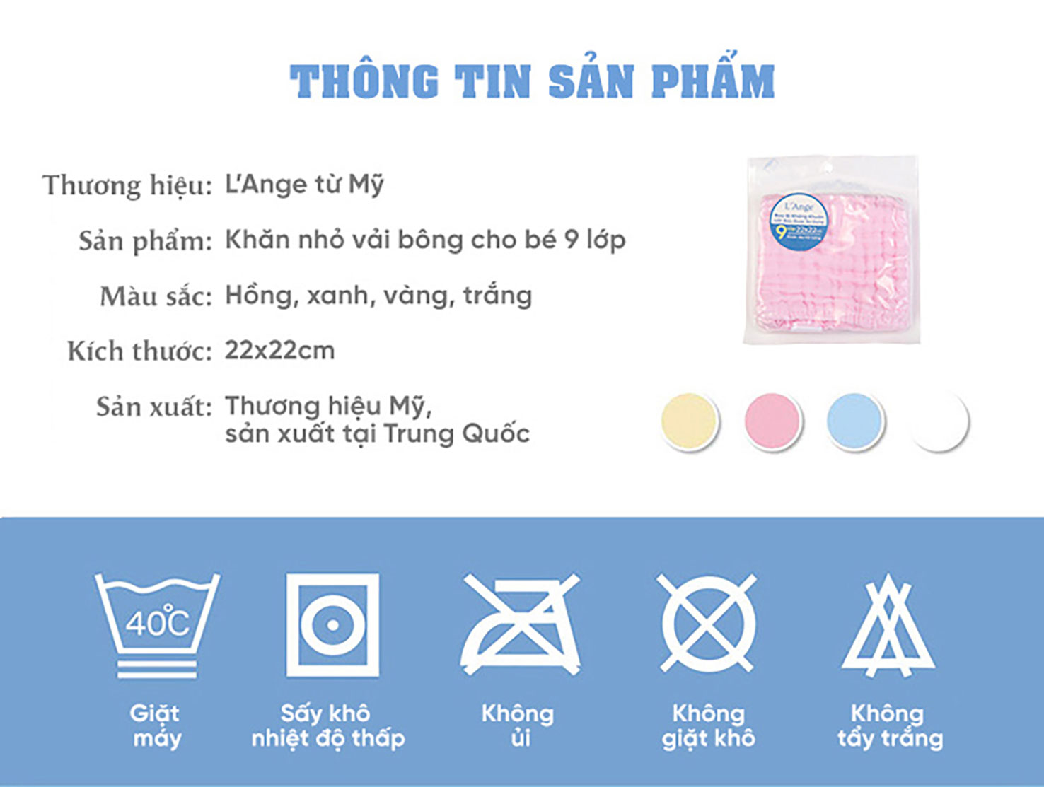 Mô tả Khăn lau mặt L'Ange chất liệu vải bông 9 lớp 22x22cm cho bé (set 3 cái) - 8