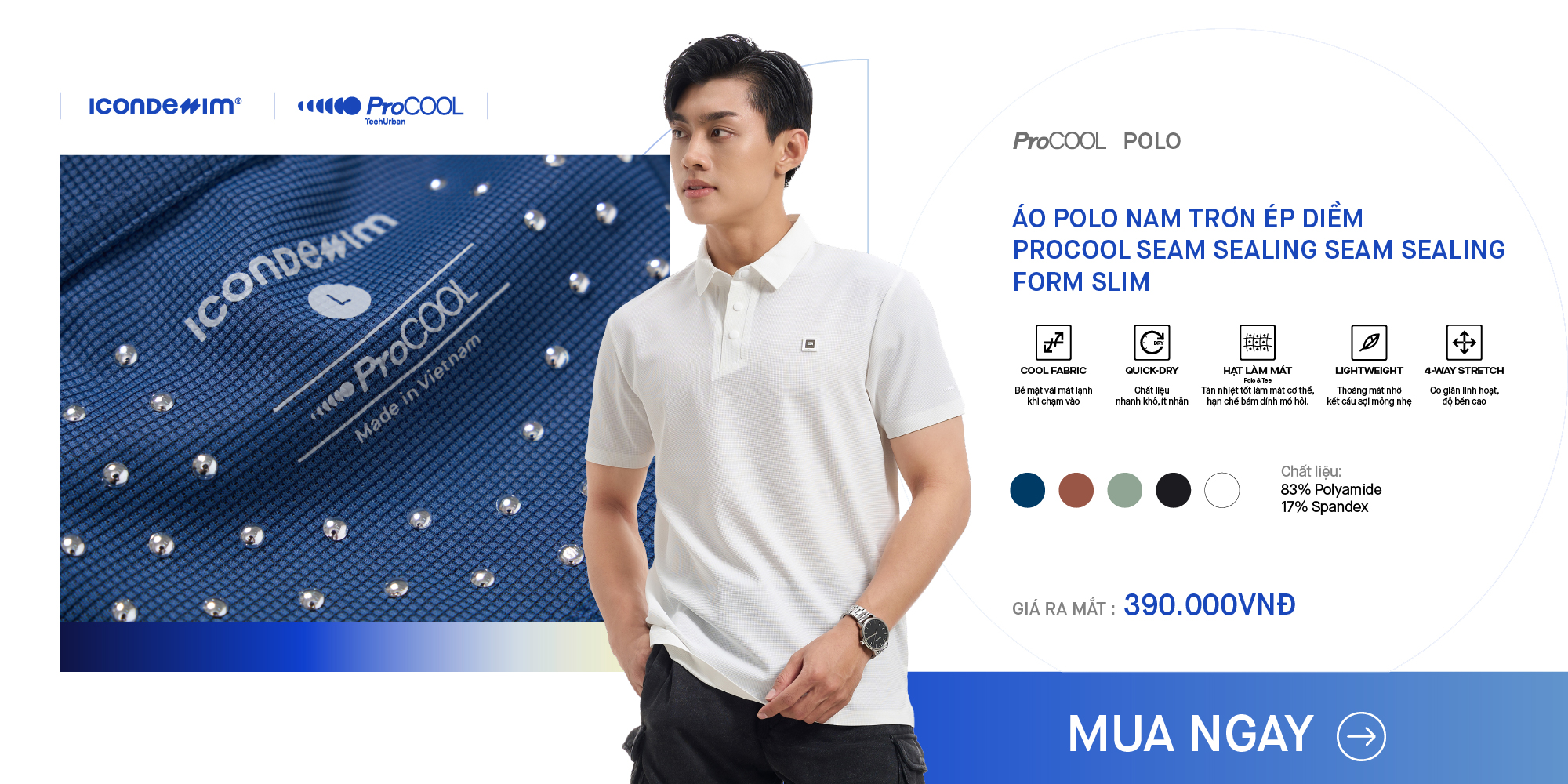Mô tả Áo polo nam PROCOOL ICONDENIM form slim-fit, công nghệ hạt làm mát thoáng khí, co giãn 4 chiều, vải mịn ít nhăn PLID0153 - 3