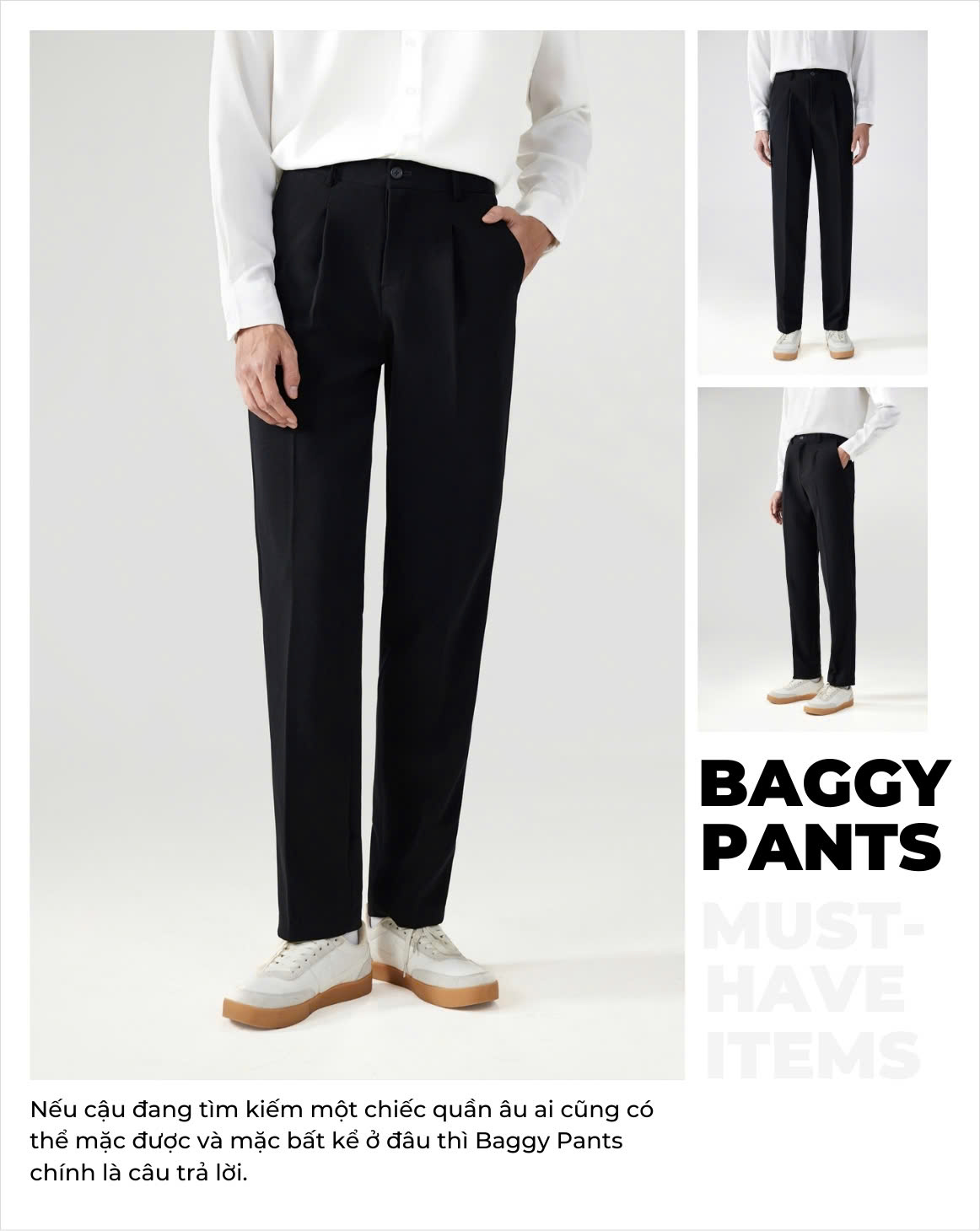 Mô tả Quần tây nam hàn quốc JBagy dáng baggy vải co giãn dày dặn dáng suông ống rộng, màu đen, kem  JA0101 - 1