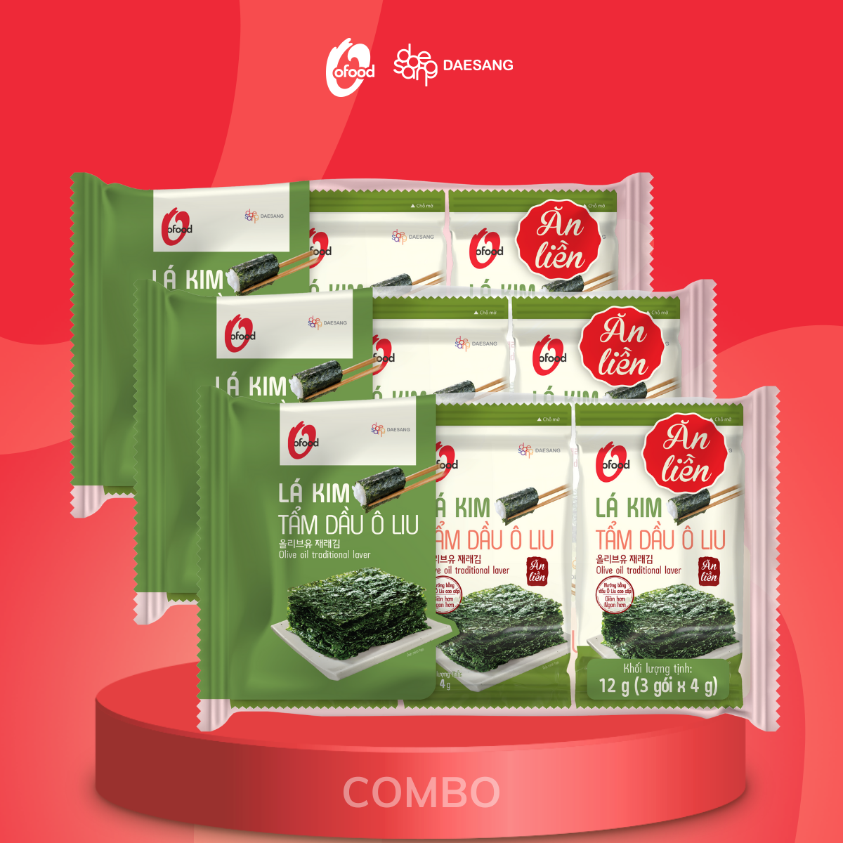 Mô tả Combo 3 lốc (9 gói)  rong biển / Lá kim 4G tẩm dầu Oliu O'food giòn, thơm, gia vị vừa miệng, ăn liền hoặc ăn kèm - 1