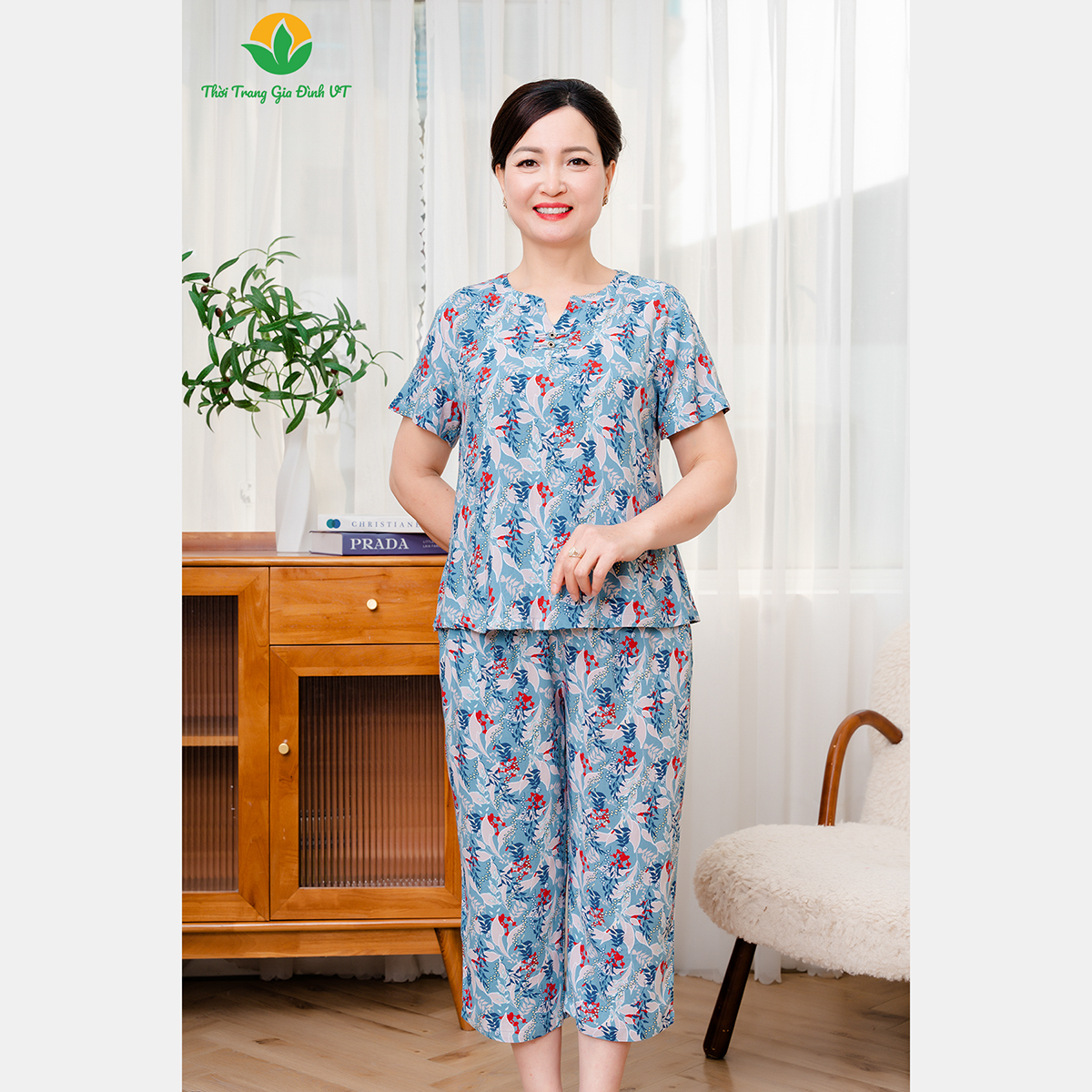 Mô tả Bộ lanh họa tiết trung niên mặc nhà quần lửng, áo cộc tay thời trang Việt Thắng - B06.5060 - 5