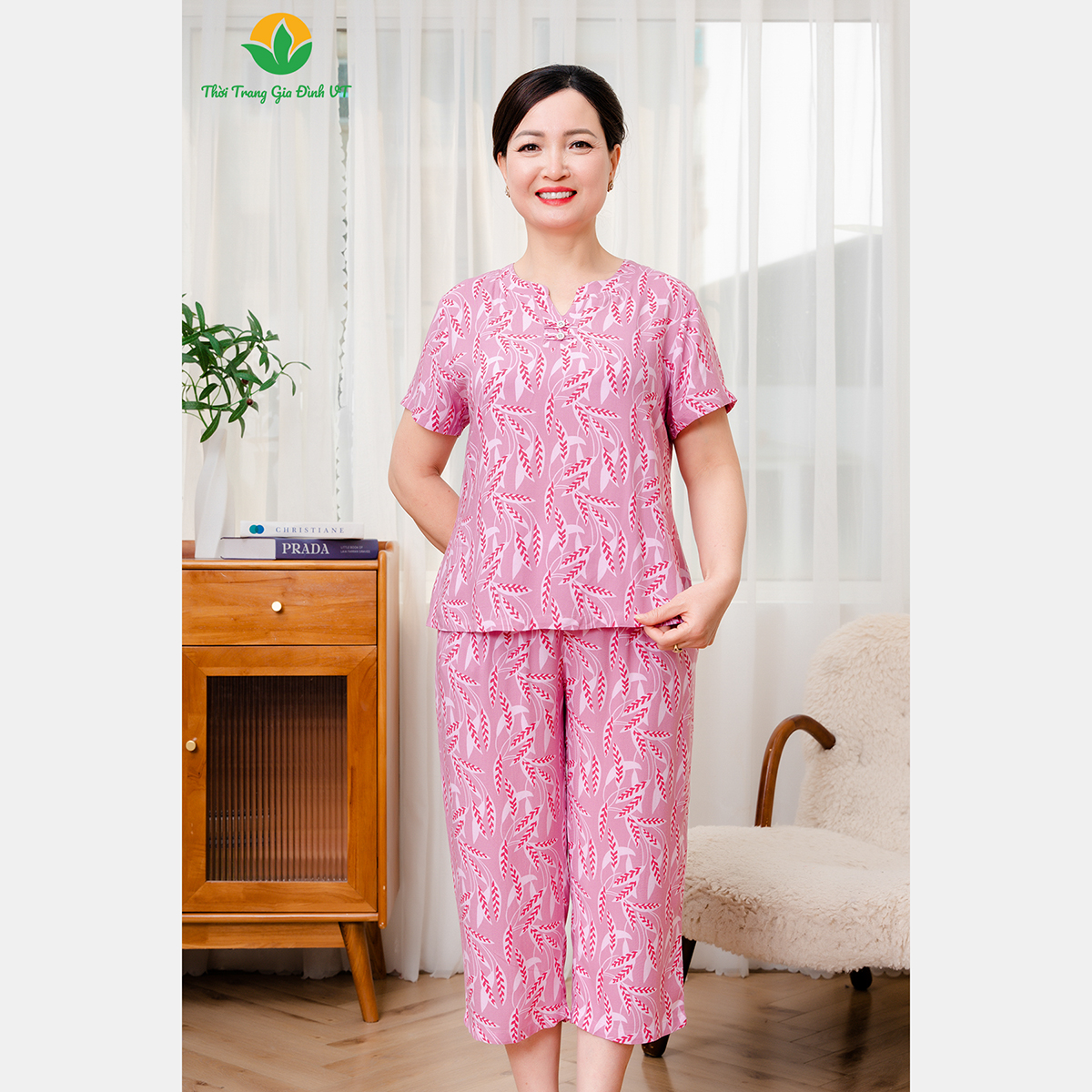 Mô tả Bộ lanh họa tiết trung niên mặc nhà quần lửng, áo cộc tay thời trang Việt Thắng - B06.5060 - 7