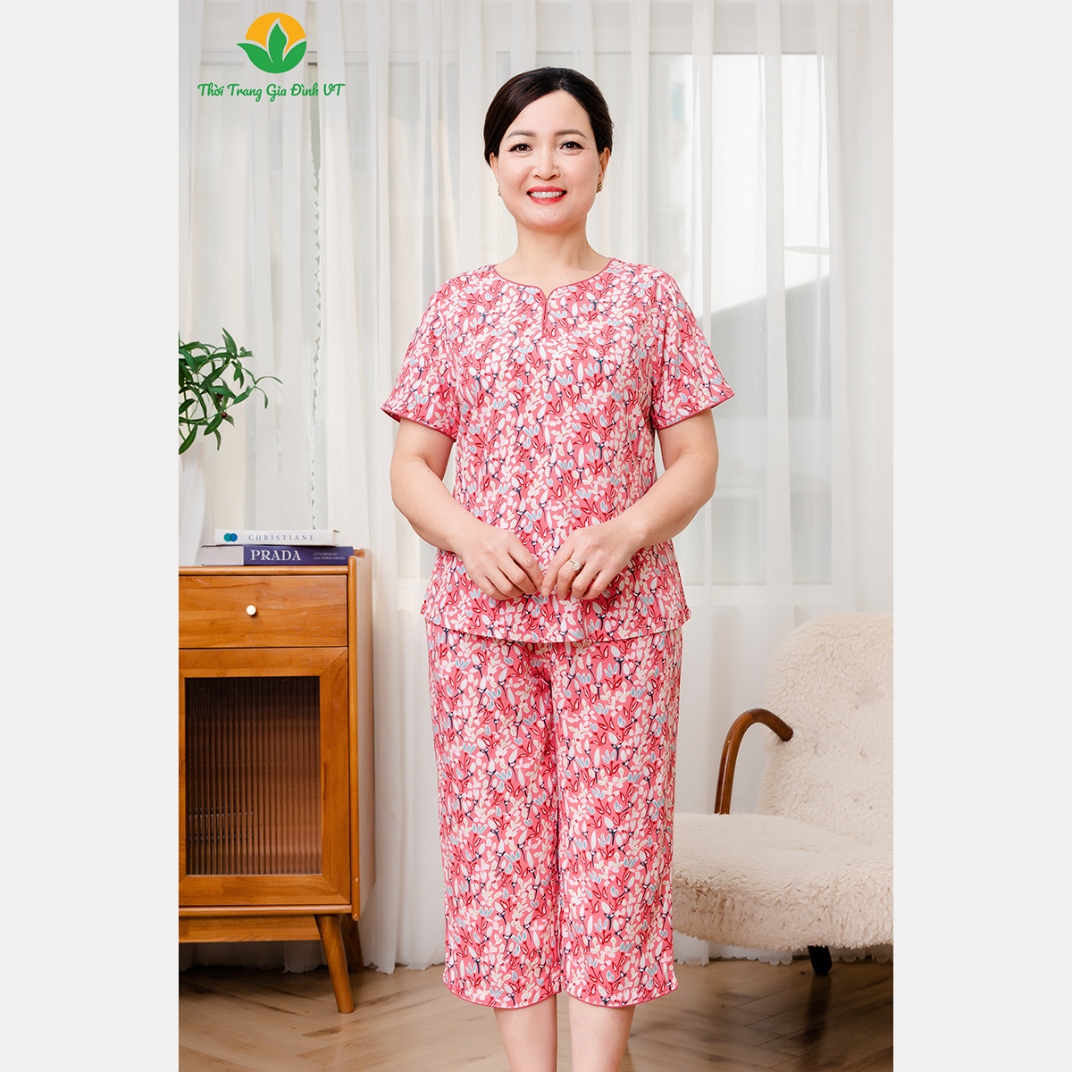 Mô tả Bộ đồ lanh tole trung niên mặc nhà thời trang Việt Thắng, quần lửng, áo cộc tay họa tiết - B06.5022 - 9