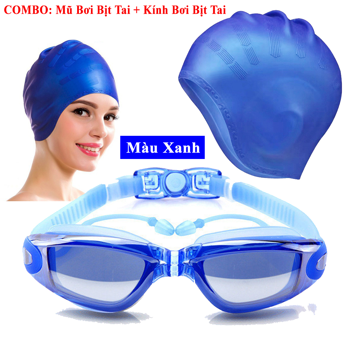 Mô tả Combo Mũ Bơi Silicone Bịt Tai + Kính Bơi Bịt Tai Chống UV Cùng Màu, Mũ Bơi Bịt Tai silicon Kính Bơi Bịt Tai Hãng Amalife - 2