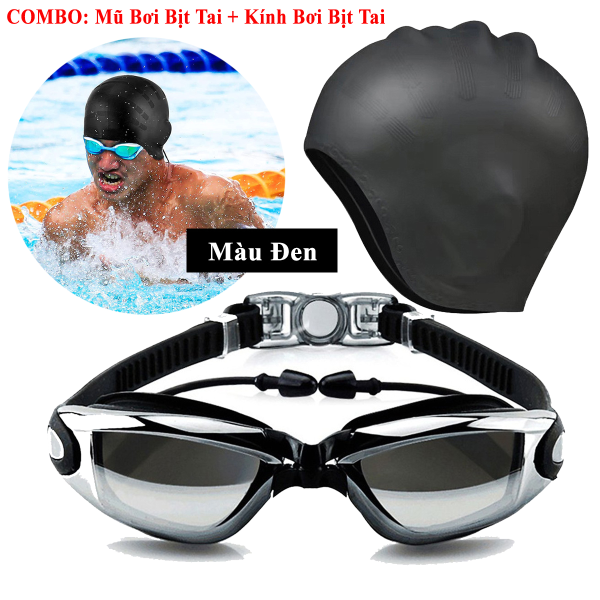 Mô tả Combo Mũ Bơi Silicone Bịt Tai + Kính Bơi Bịt Tai Chống UV Cùng Màu, Mũ Bơi Bịt Tai silicon Kính Bơi Bịt Tai Hãng Amalife - 3