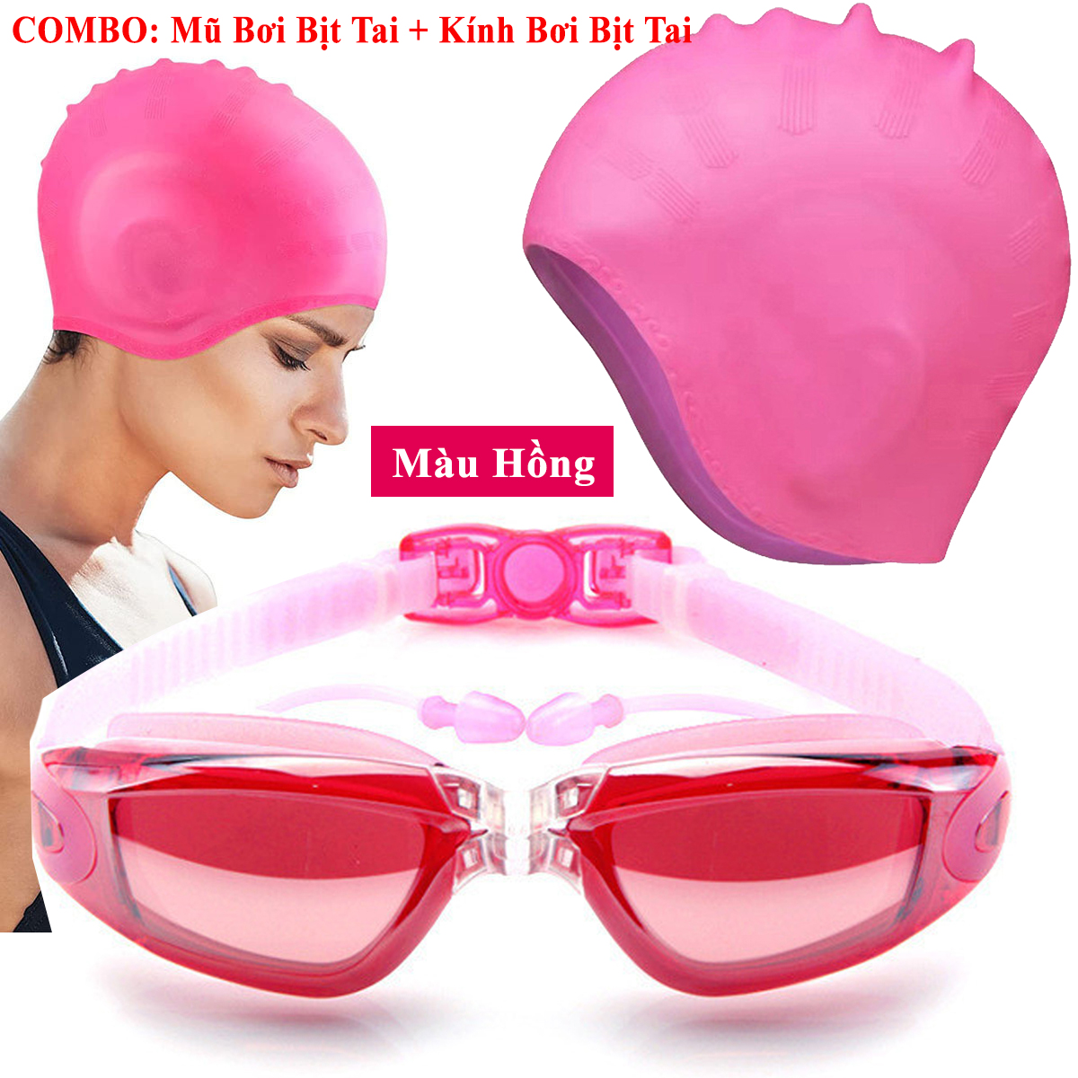 Mô tả Combo Mũ Bơi Silicone Bịt Tai + Kính Bơi Bịt Tai Chống UV Cùng Màu, Mũ Bơi Bịt Tai silicon Kính Bơi Bịt Tai Hãng Amalife - 4