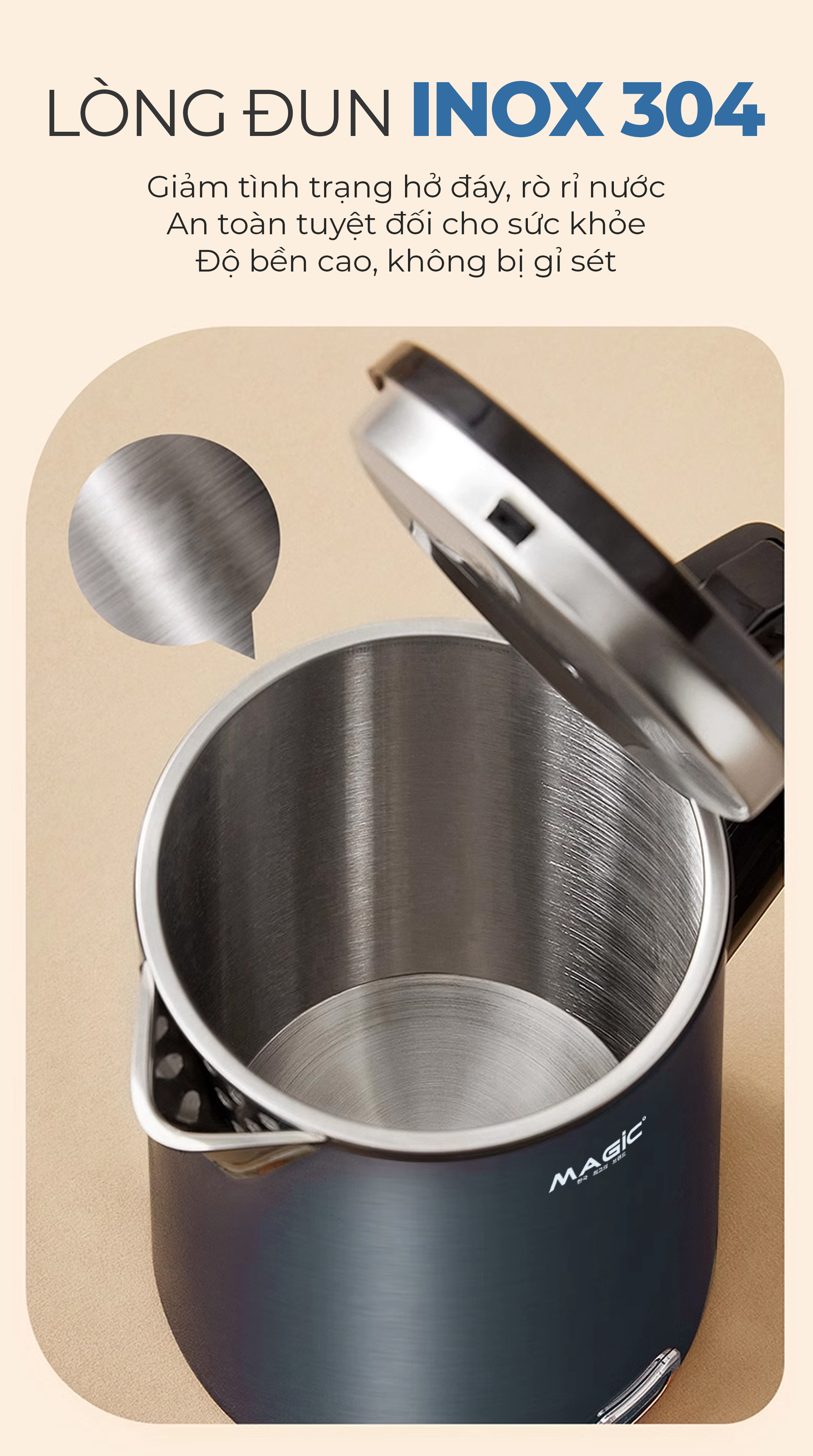Mô tả Bình Đun Siêu Tốc Magic A-071, Inox 304 Nguyên Khối, 1.8L, 1500W, Bảo Hành 12 Tháng - 6