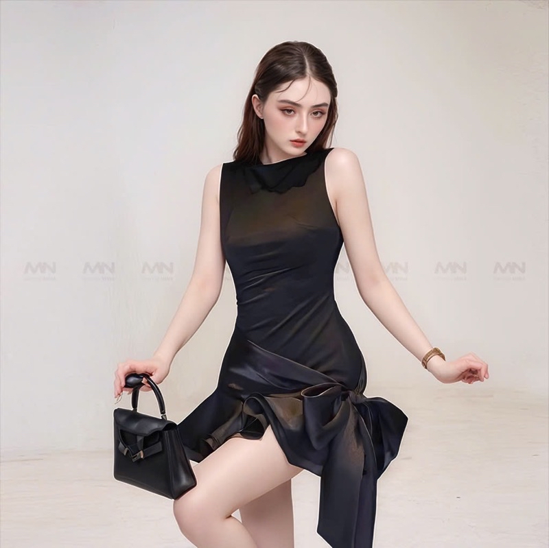Mô tả Đầm đen dự tiệc MINA hở lưng dáng xoè ngắn chất Cotton Nhật phối Lụa MN302 - 4