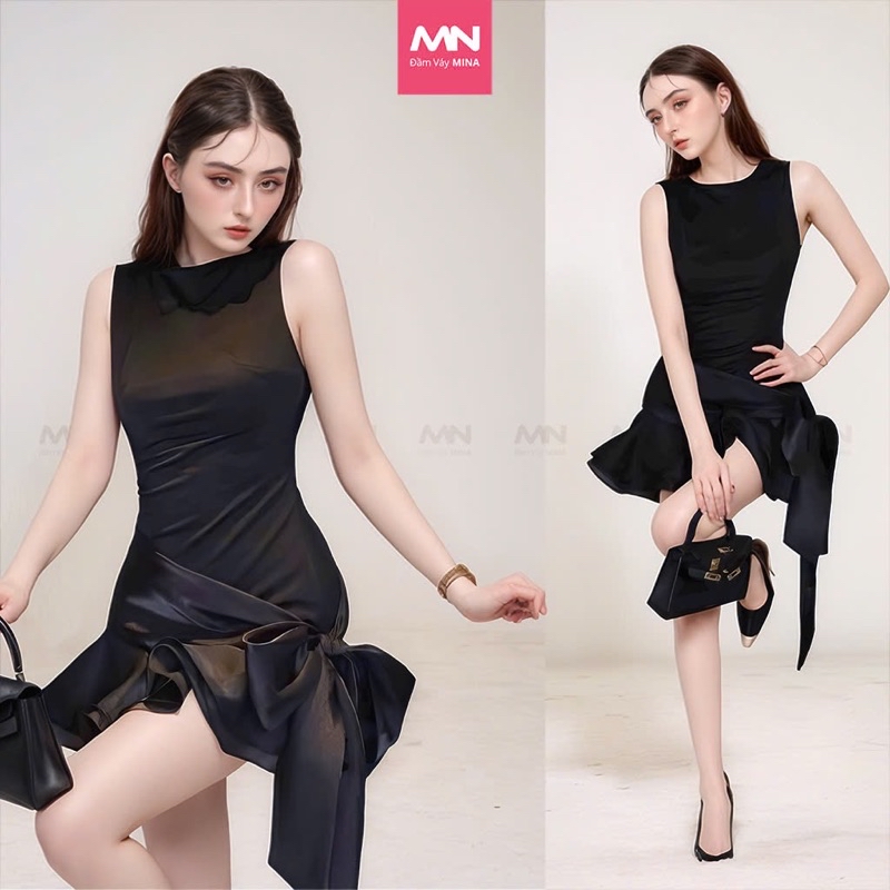 Mô tả Đầm đen dự tiệc MINA hở lưng dáng xoè ngắn chất Cotton Nhật phối Lụa MN302 - 1