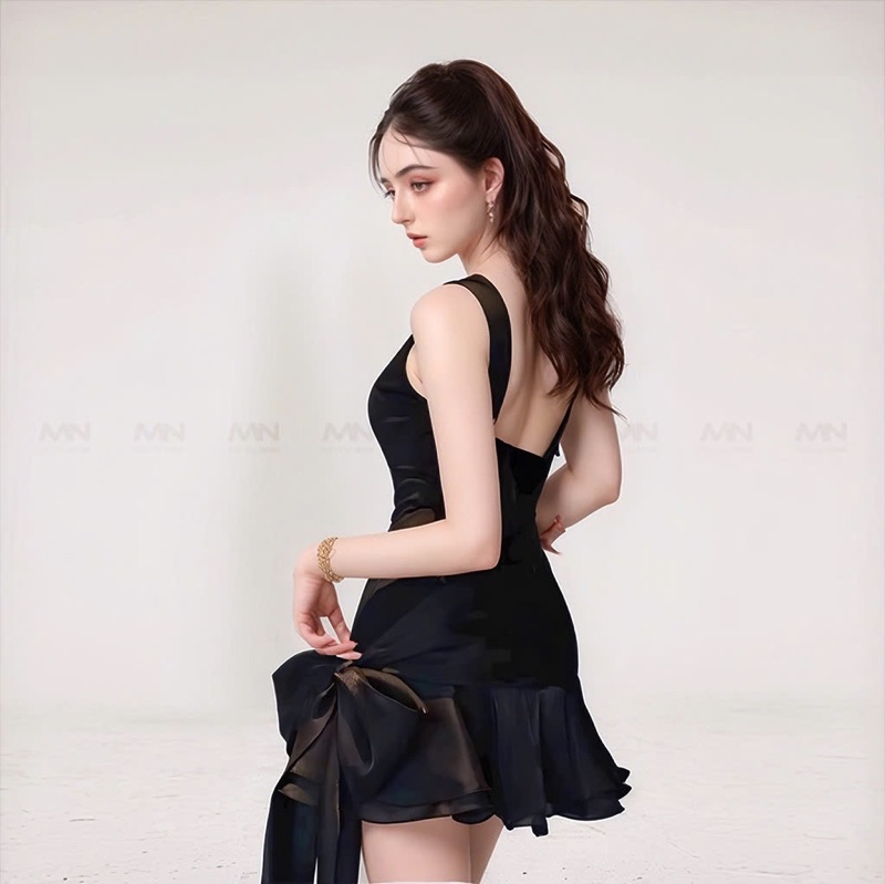 Mô tả Đầm đen dự tiệc MINA hở lưng dáng xoè ngắn chất Cotton Nhật phối Lụa MN302 - 6
