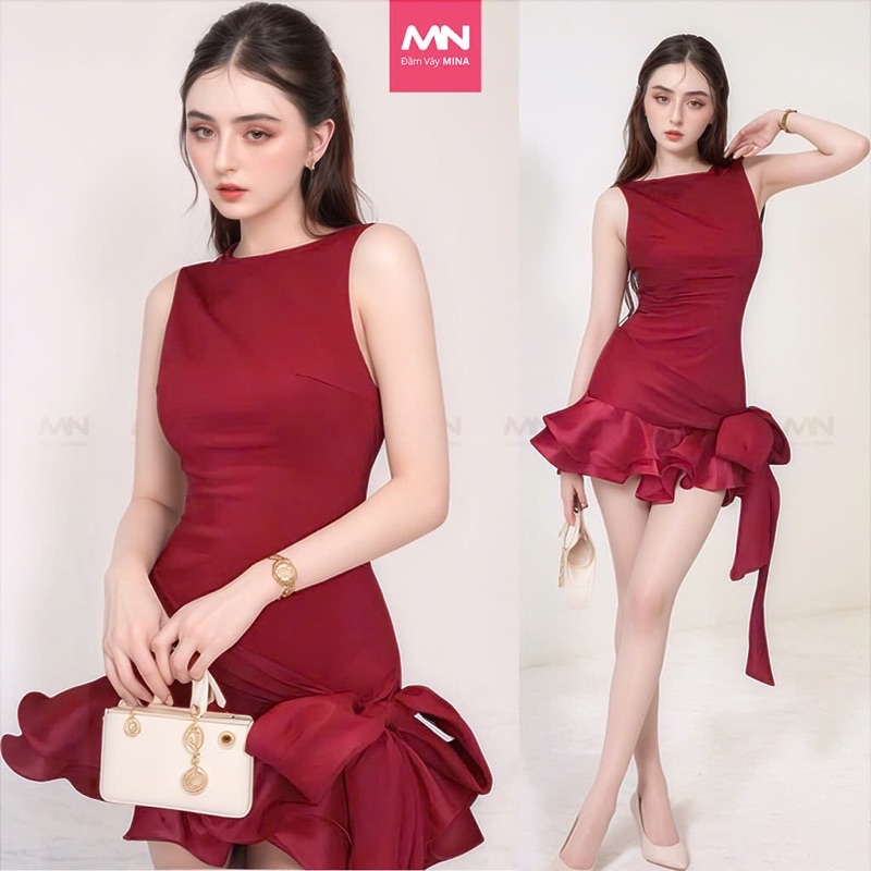Mô tả Đầm đỏ đô dự tiệc MINA hở lưng dáng xoè ngắn chất Cotton Nhật phối Lụa MN302 - 1