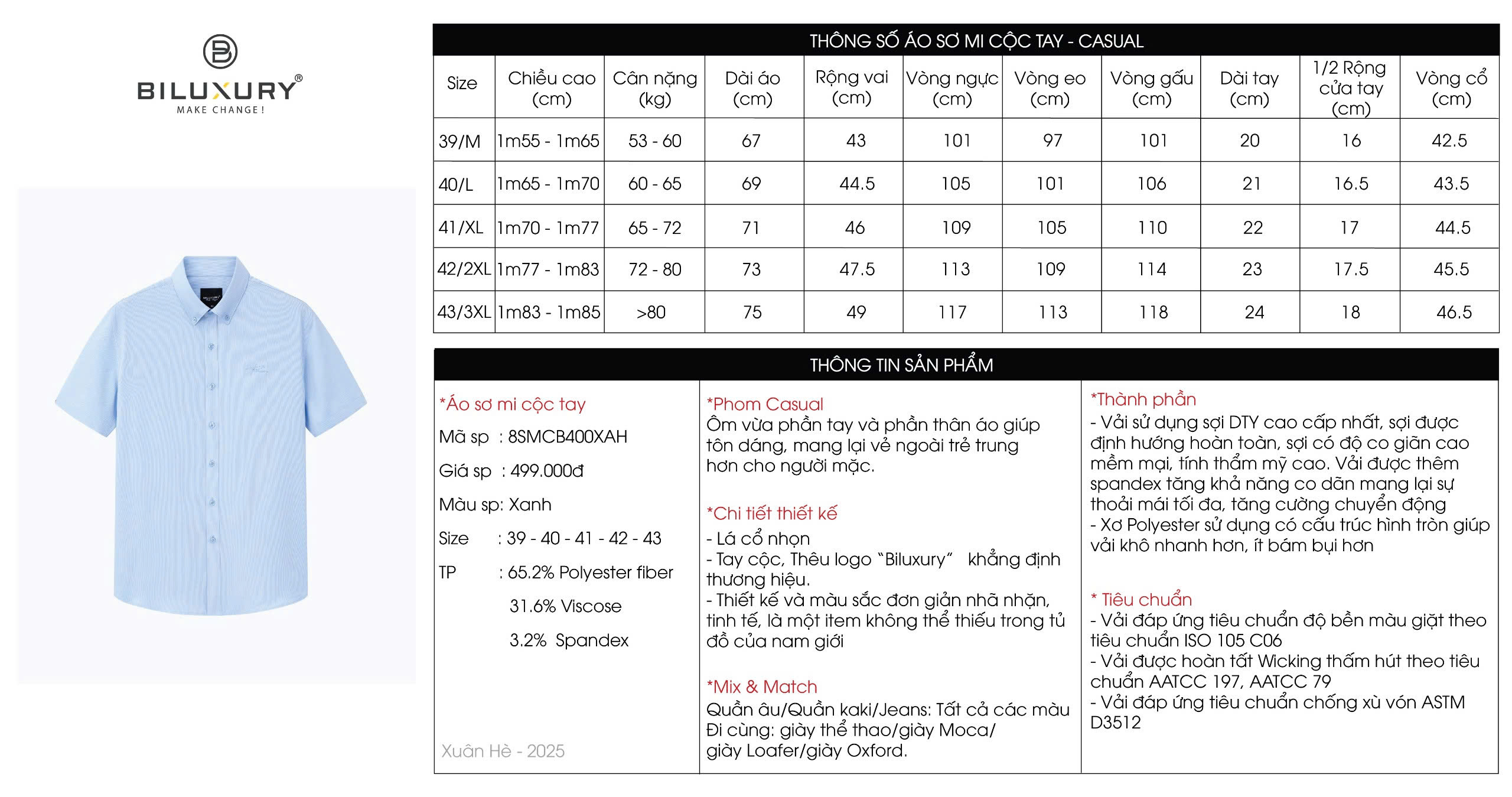 Mô tả Áo Sơ Mi Cộc Tay 8SMCB400 Biluxury Form Casual Thoải Mái Kháng Khuẩn Bền Màu - 1
