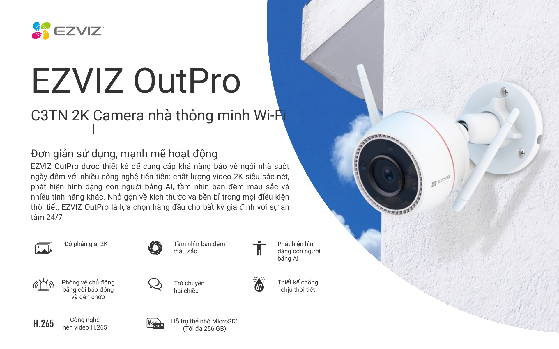Mô tả Camera WI-FI Ngoài trời EZVIZ C3TN 3MP Đàm thoại 2 chiều, Có màu đêm, IP67 chống chịu thời tiết, Công nghệ AI - 1