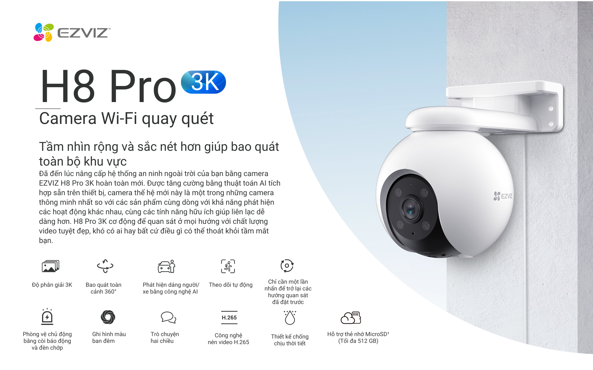 Mô tả Camera Wi-fi EZVIZ H8 PRO 5MP Ghi Hình Màu Ban Đêm, Công Nghệ AI phát hiện người và xe, Theo dõi tự động - 1