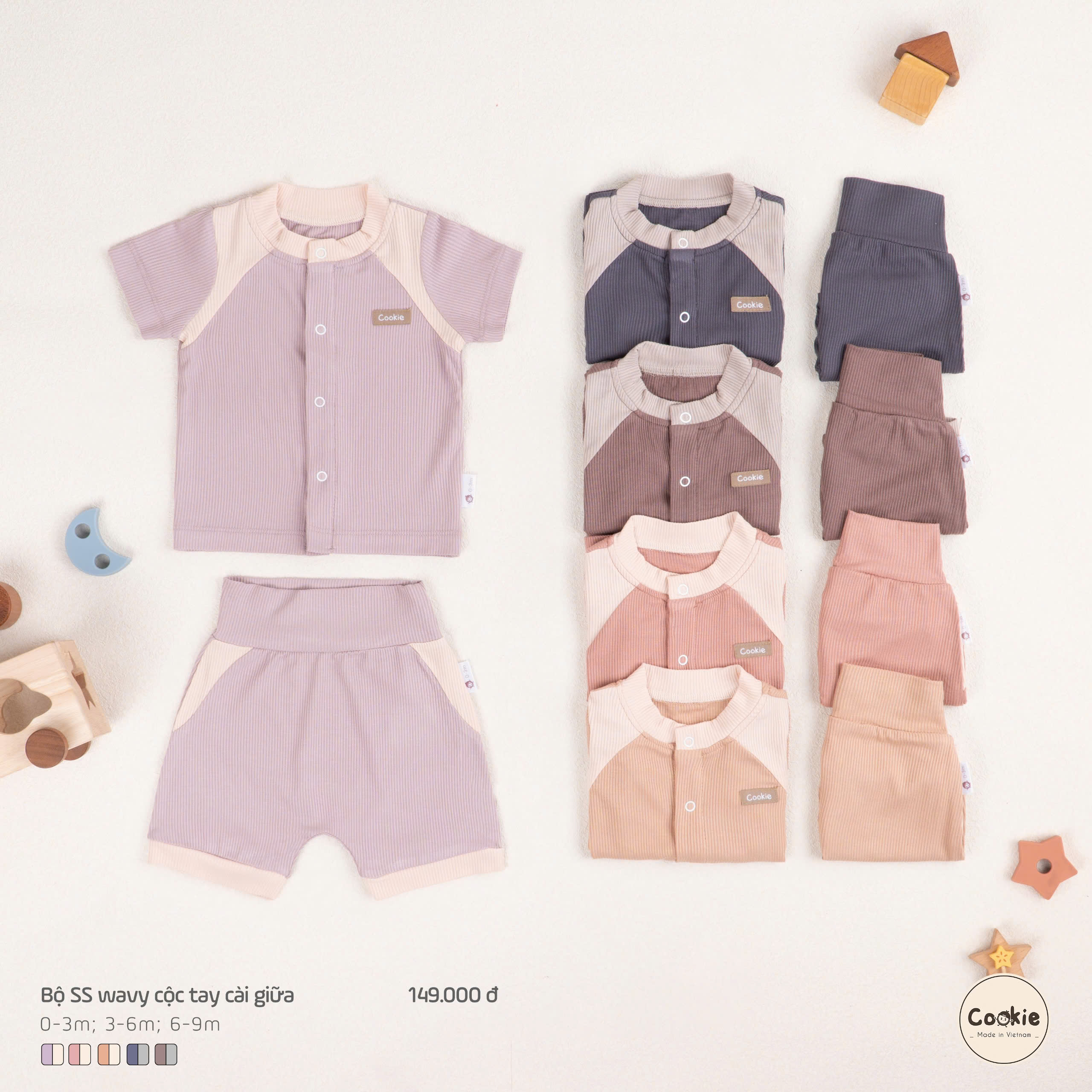 Mô tả Bộ Sơ Sinh Cộc Tay COOKIE Wavy Cài Giữa Cho bé Từ 0 Đến 9 Tháng 2025 - 1