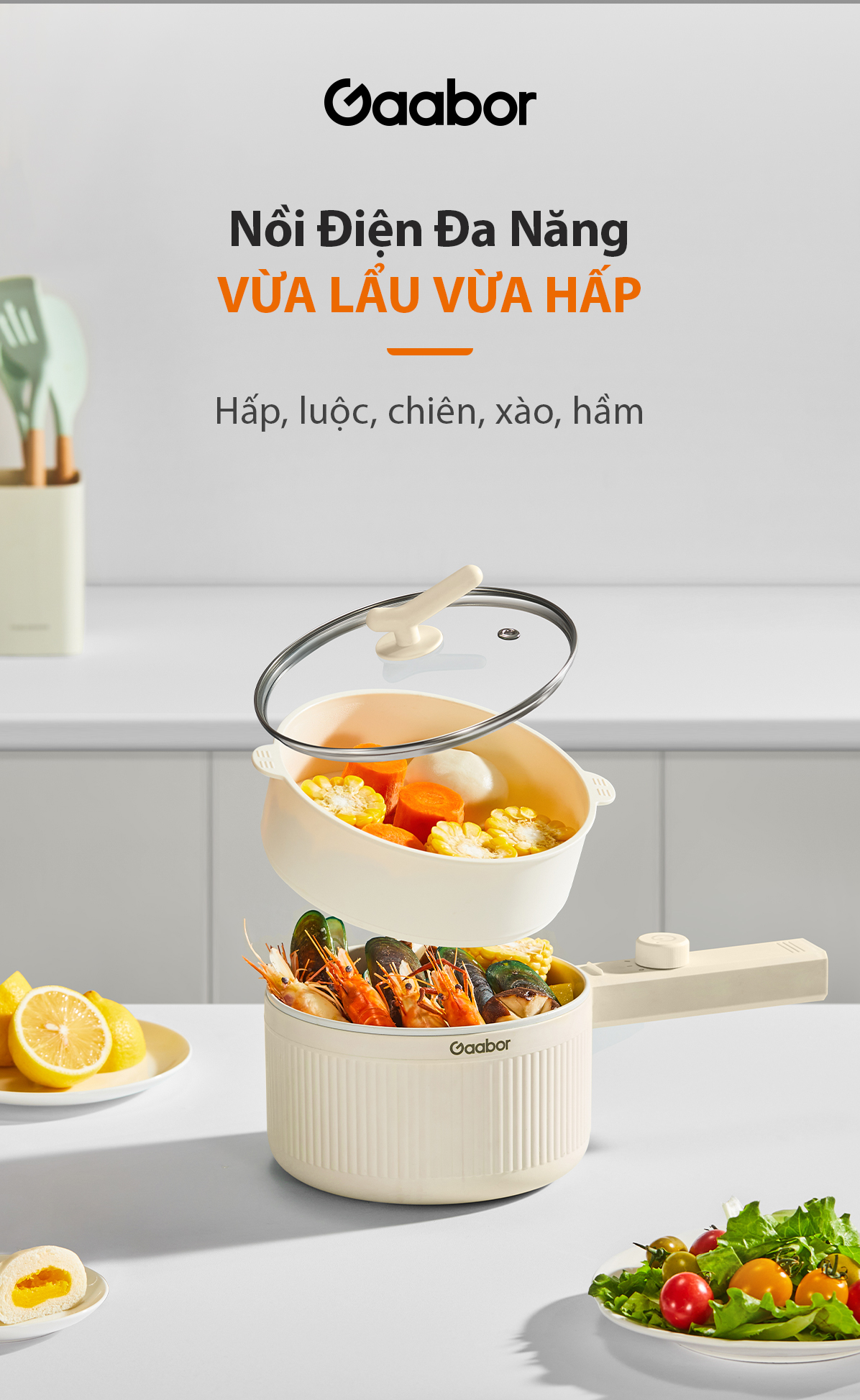 Mô tả Nồi nấu đa năng Gaabor EC-20E01B 2L chiên xào hấp kèm xứng hấp lẩu điện cầm tay điều chỉnh nhiệt độ - 1