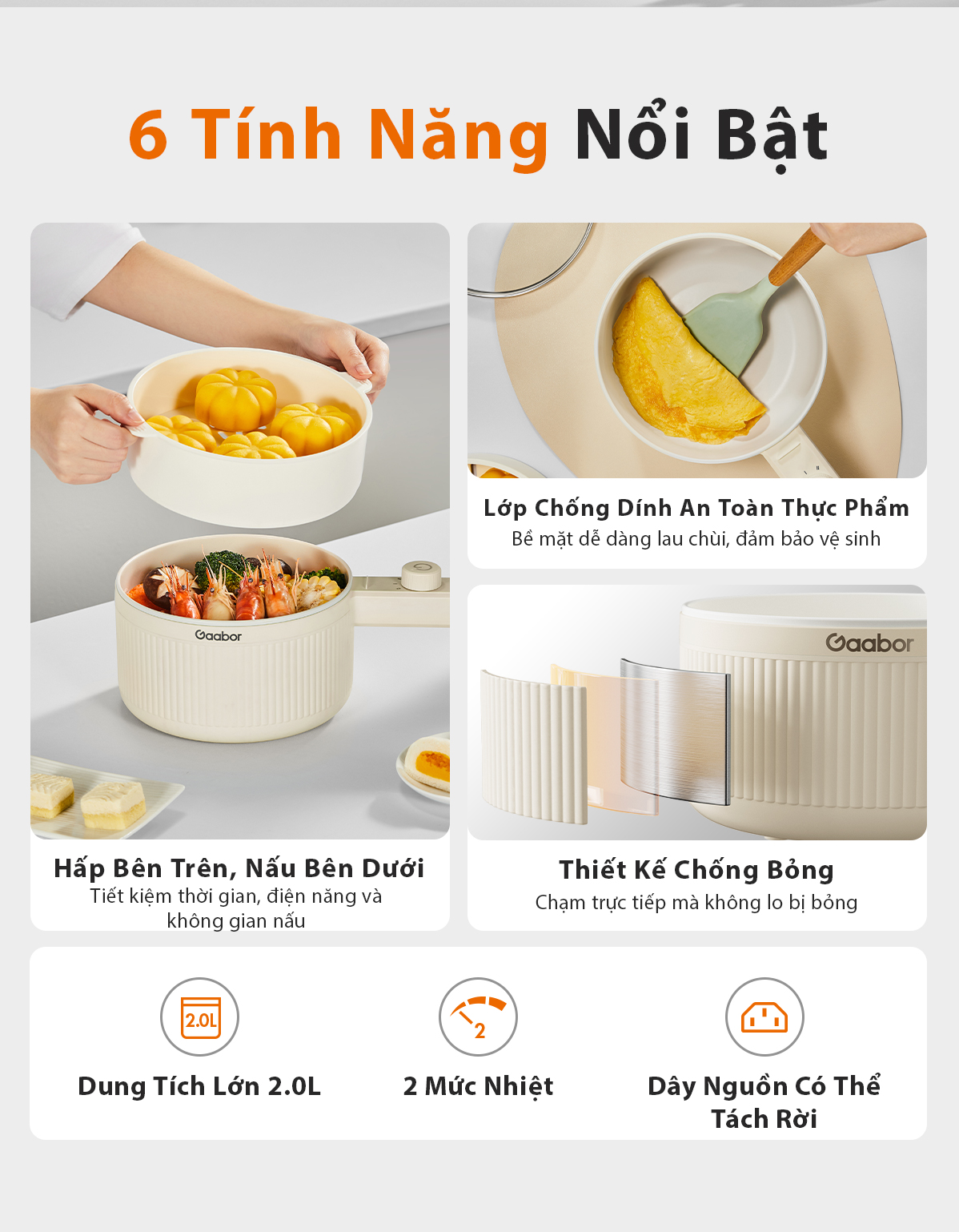 Mô tả Nồi nấu đa năng Gaabor EC-20E01B 2L chiên xào hấp kèm xứng hấp lẩu điện cầm tay điều chỉnh nhiệt độ - 6