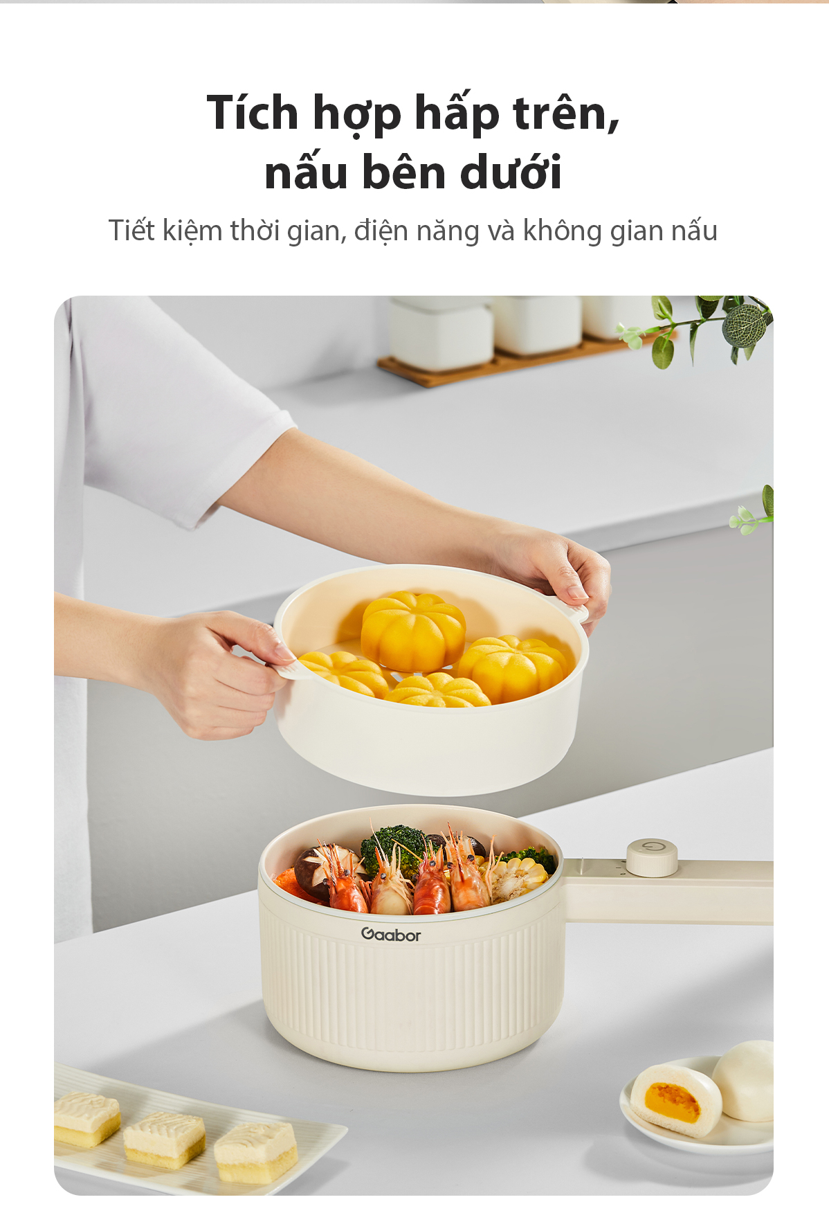 Mô tả Nồi nấu đa năng Gaabor EC-20E01B 2L chiên xào hấp kèm xứng hấp lẩu điện cầm tay điều chỉnh nhiệt độ - 7