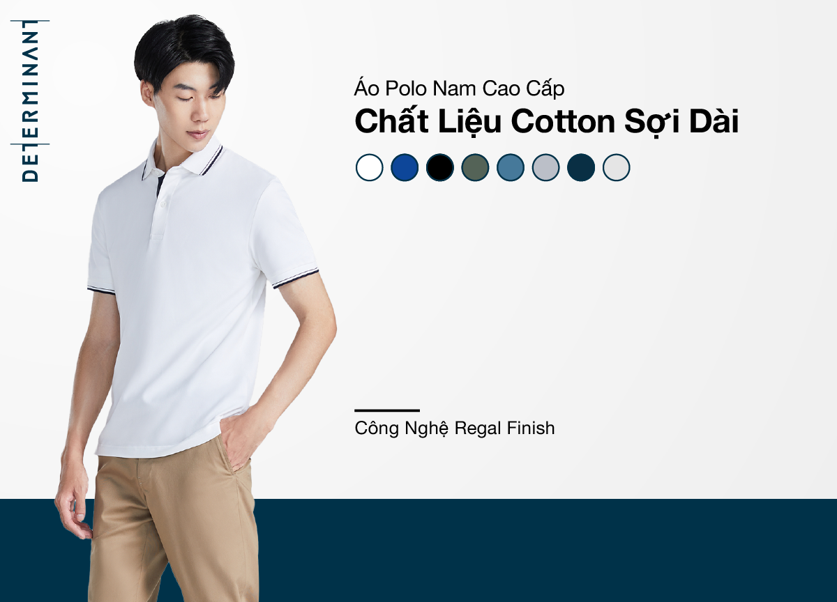 Mô tả Áo thun nam polo DETERMINANT - Cotton cao cấp Visdry kháng nước thấm hút tối đa - P01-04 - màu trắng phối cổ viền xanh - 1