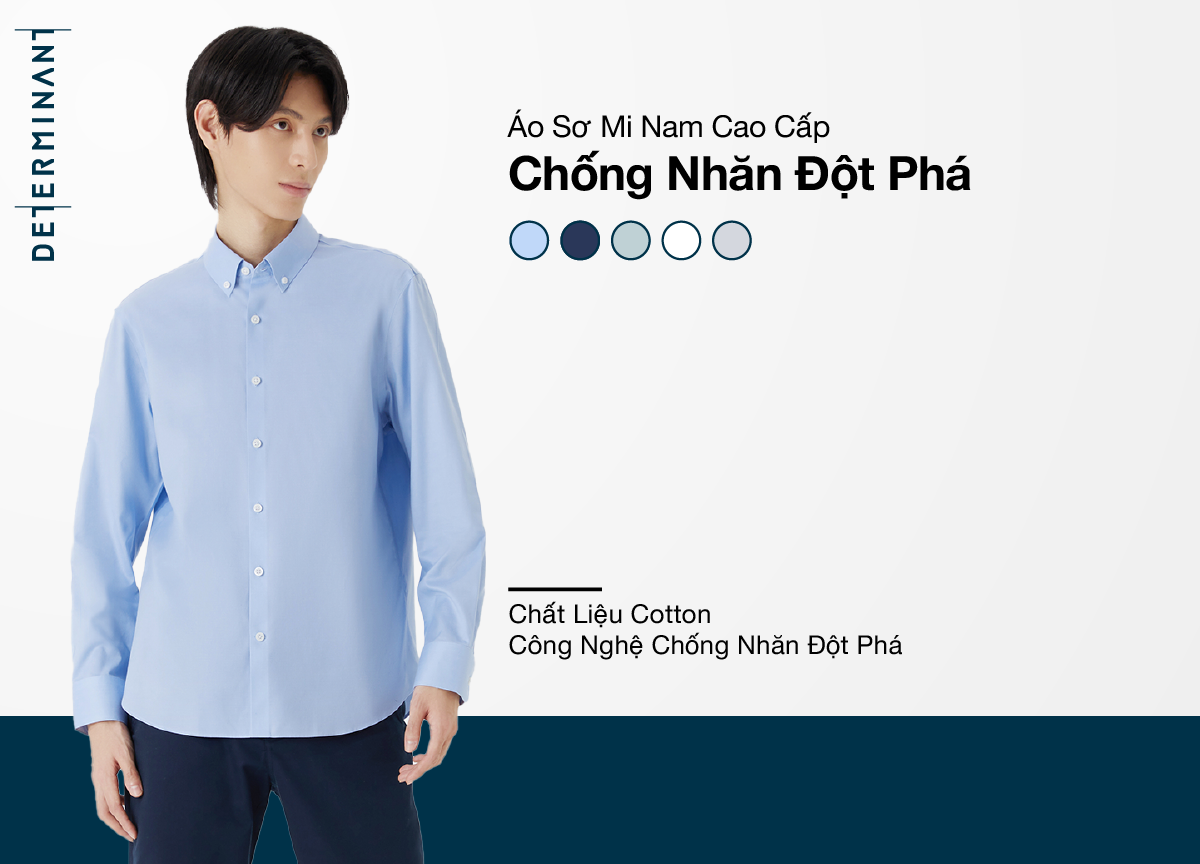 Mô tả Áo sơ mi nam tay dài DETERMINANT 100% cotton siêu dài - công nghệ Visdry, chống nhăn -  SS01 - màu xanh - 9