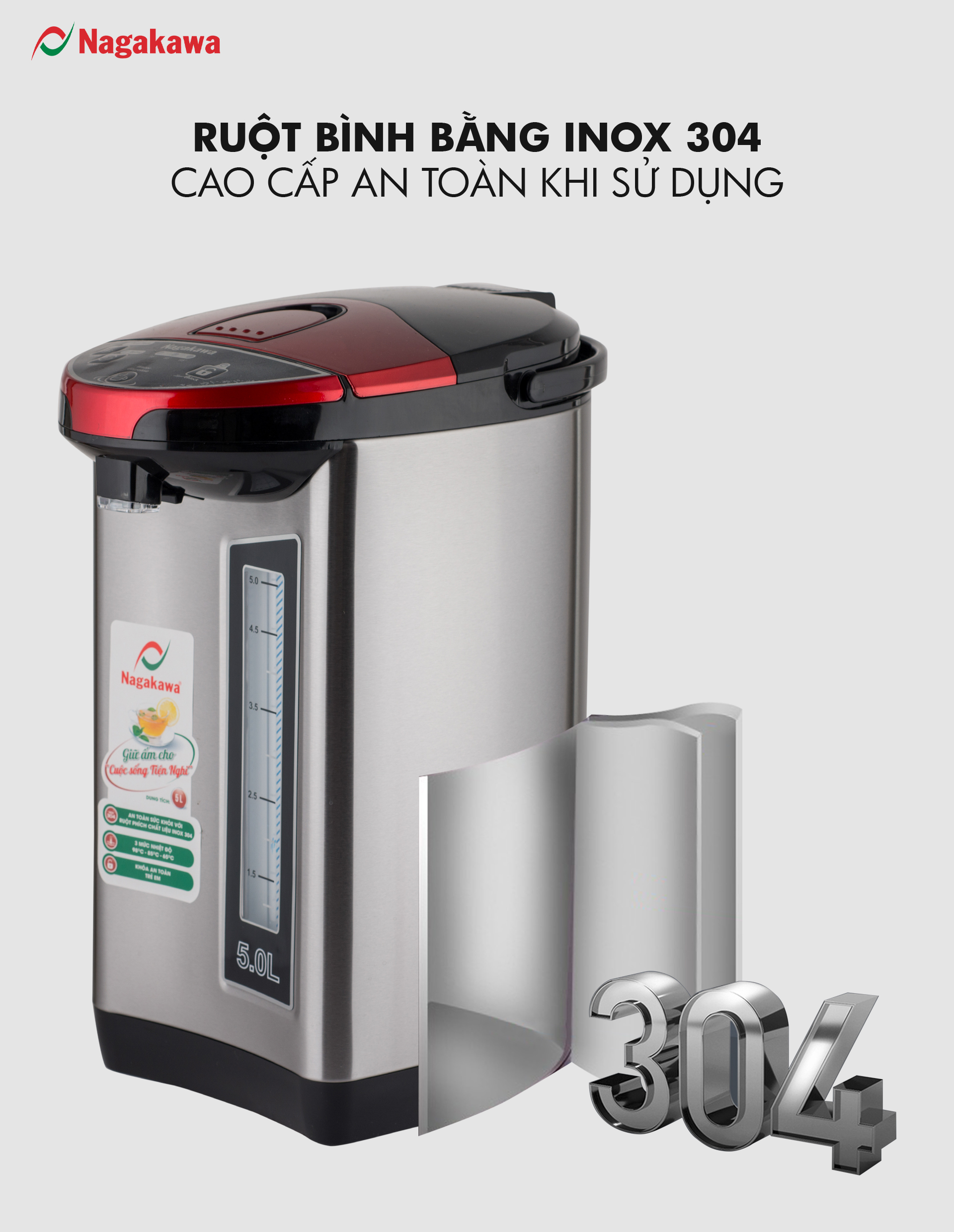 Mô tả Bình Thuỷ Điện Đun Nước Nóng Giữ Nhiệt Di Động NAGAKAWA NAG0404 (4 Lít)/NAG0405 (5L) Công Suất 750w, Inox 304, BH 1 Năm - 1