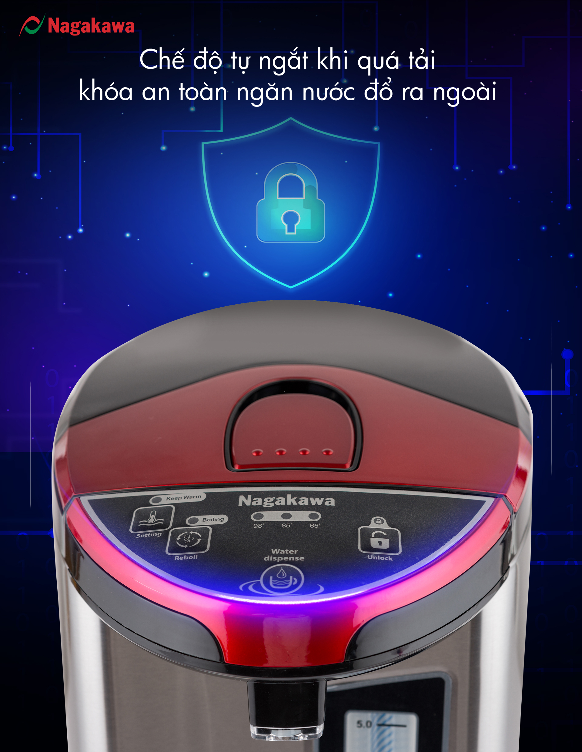 Mô tả Bình Thuỷ Điện Đun Nước Nóng Giữ Nhiệt Di Động NAGAKAWA NAG0404 (4 Lít)/NAG0405 (5L) Công Suất 750w, Inox 304, BH 1 Năm - 2