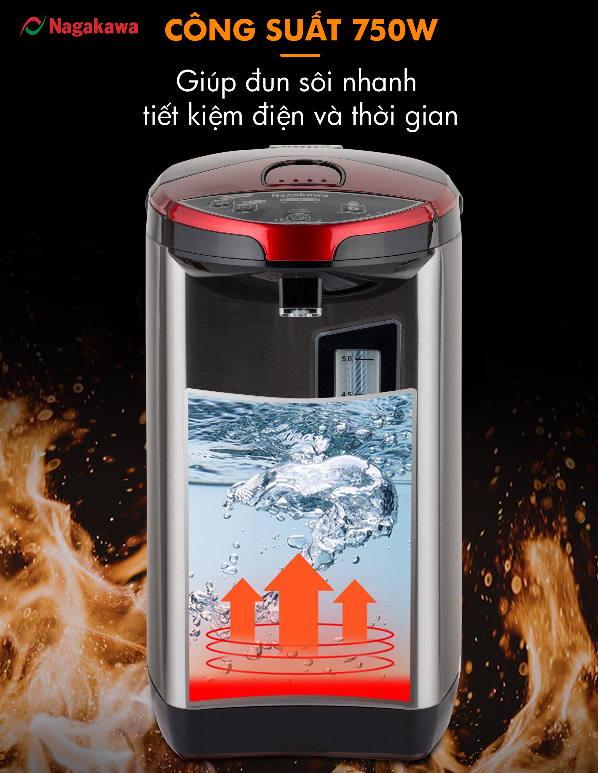 Mô tả Bình Thuỷ Điện Đun Nước Nóng Giữ Nhiệt Di Động NAGAKAWA NAG0404 (4 Lít)/NAG0405 (5L) Công Suất 750w, Inox 304, BH 1 Năm - 3