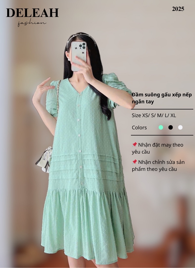 Mô tả De Leah - Đầm Suông Gấu Xếp Nếp Ngắn Tay - Thời Trang Thiết Kế - 1