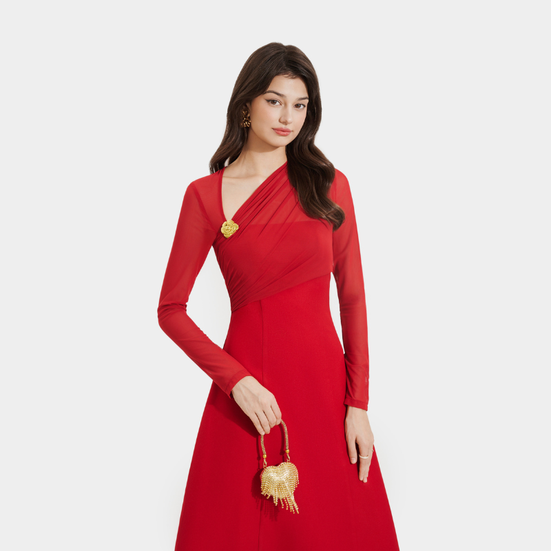 Mô tả Đầm Kiểu Nữ MARC FASHION Form A Tay Dài Phối Lưới Thun Cài Hoa - FASH111924 - 3