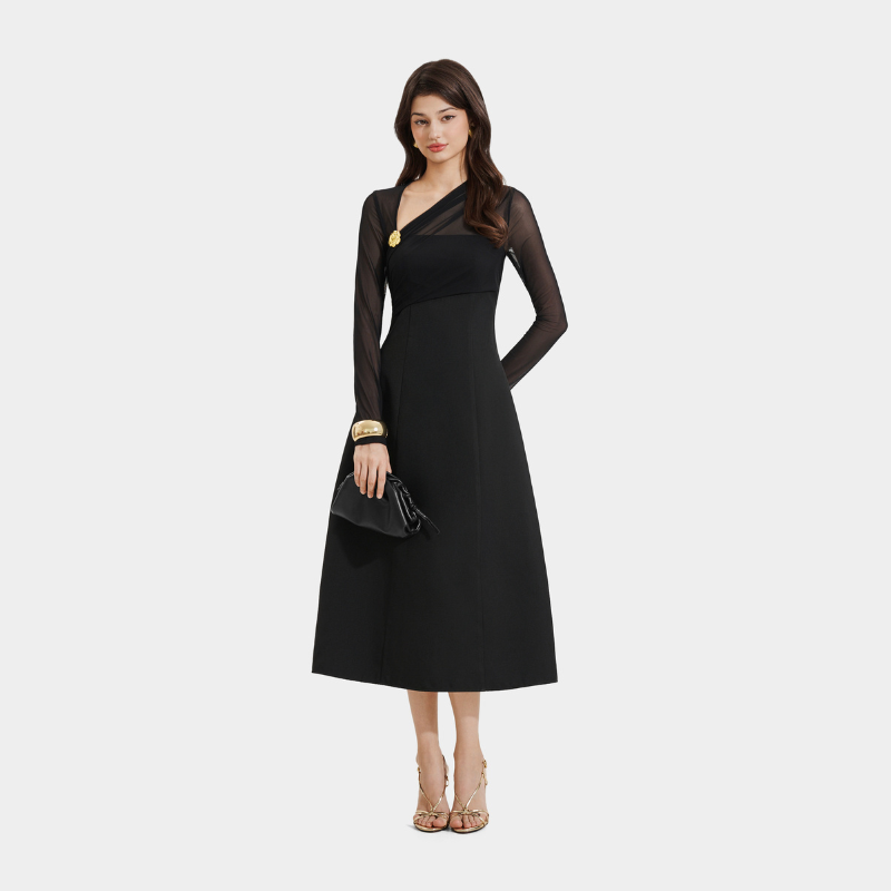 Mô tả Đầm Kiểu Nữ MARC FASHION Form A Tay Dài Phối Lưới Thun Cài Hoa - FASH111924 - 4