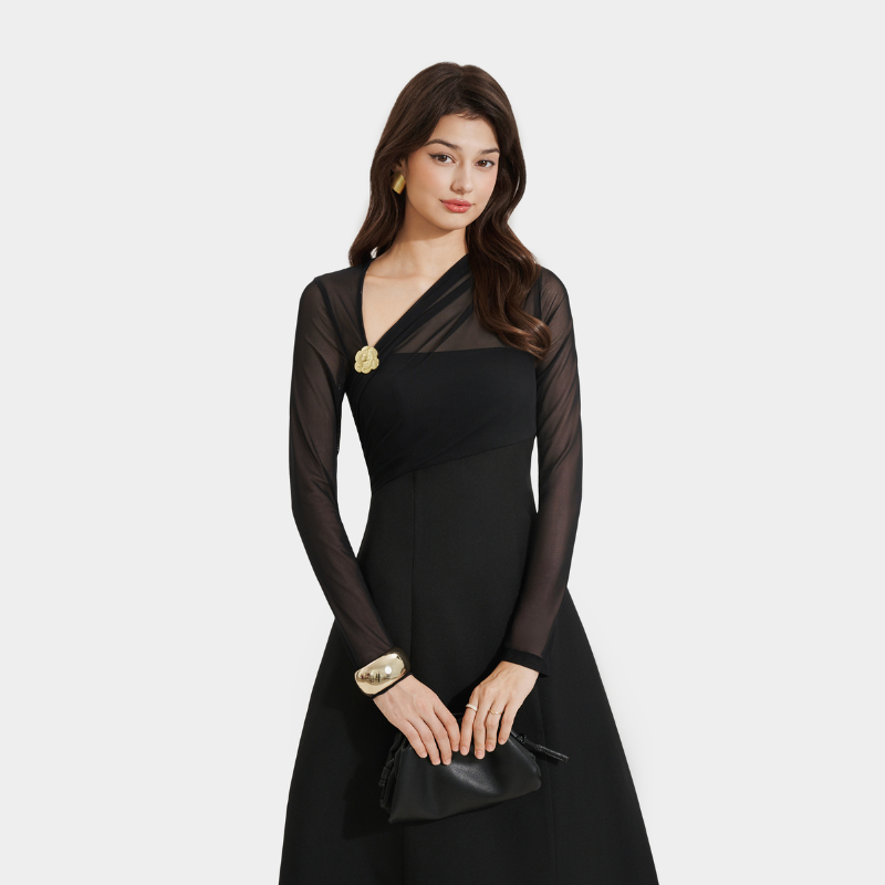 Mô tả Đầm Kiểu Nữ MARC FASHION Form A Tay Dài Phối Lưới Thun Cài Hoa - FASH111924 - 6