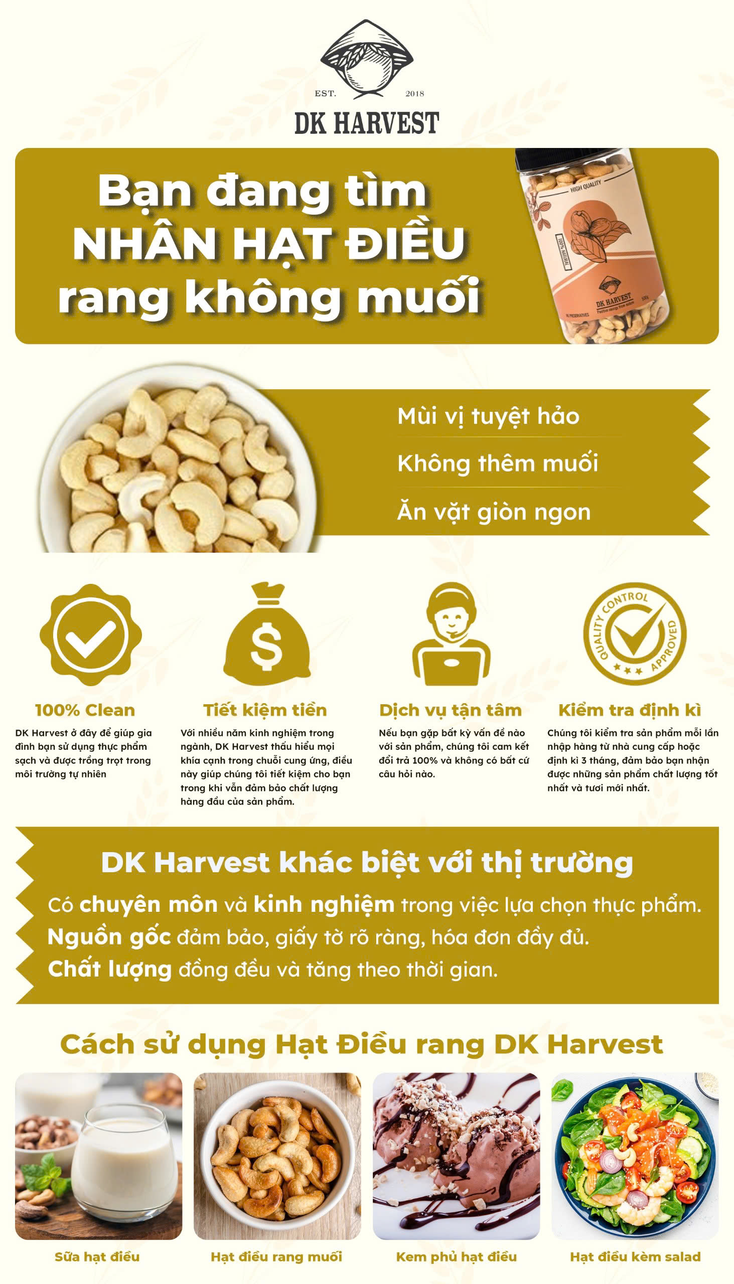 Mô tả Nhân Hạt Điều Rang Mộc DK Harvest 250g/500g - Không Gia Vị | Giàu Dinh Dưỡng, Tốt Cho Tim Mạch, Xây Dựng Cơ Bắp - 1