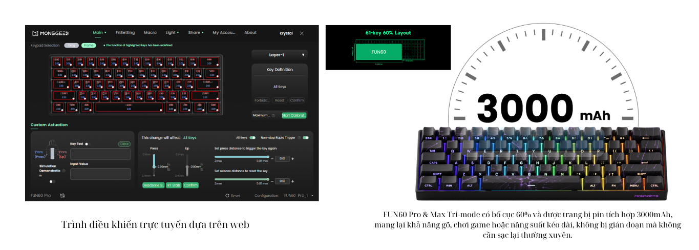 Mô tả Bàn phím cơ MonsGeek FUN60 Max SP White / Black Akko Glare Magnetic Switches 8K - 11