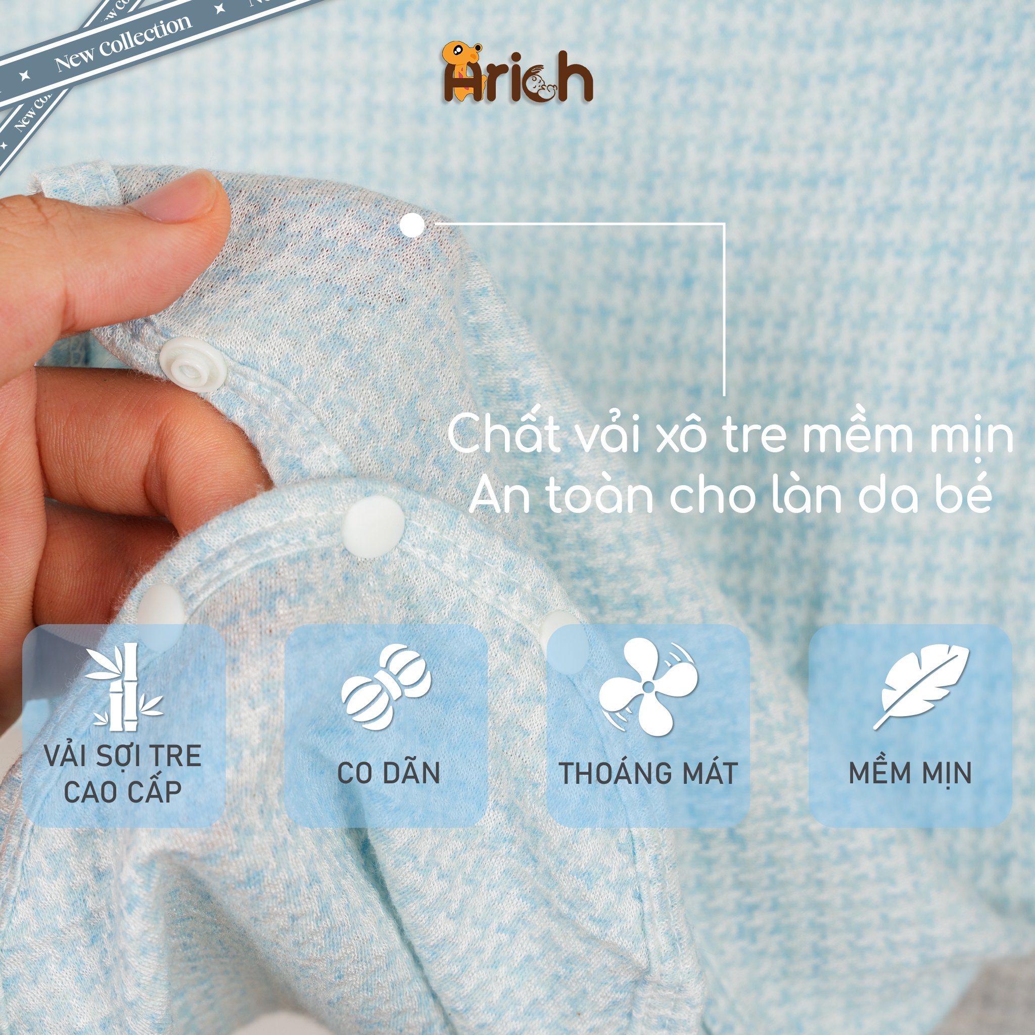 Mô tả Bộ body chip cộc tay Arich chất liệu xô tre cho bé trai, bé gái cho bé size từ newborn - 12 tháng - 1