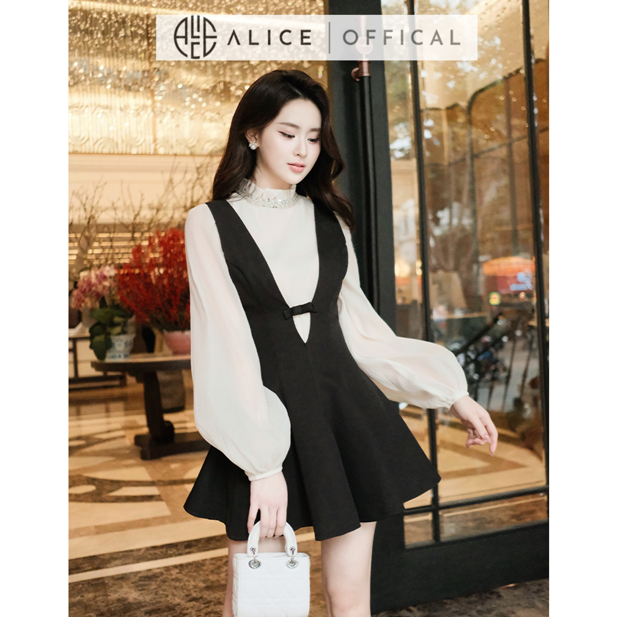 Mô tả Set Váy Nữ Tiểu Thư Alice, Váy Yếm Ôm Eo Chất Chéo Rubi Dáng Xòe Ngắn Phối Áo Tơ Xốp Cổ Đính Đá Tay Bồng S831 - 6