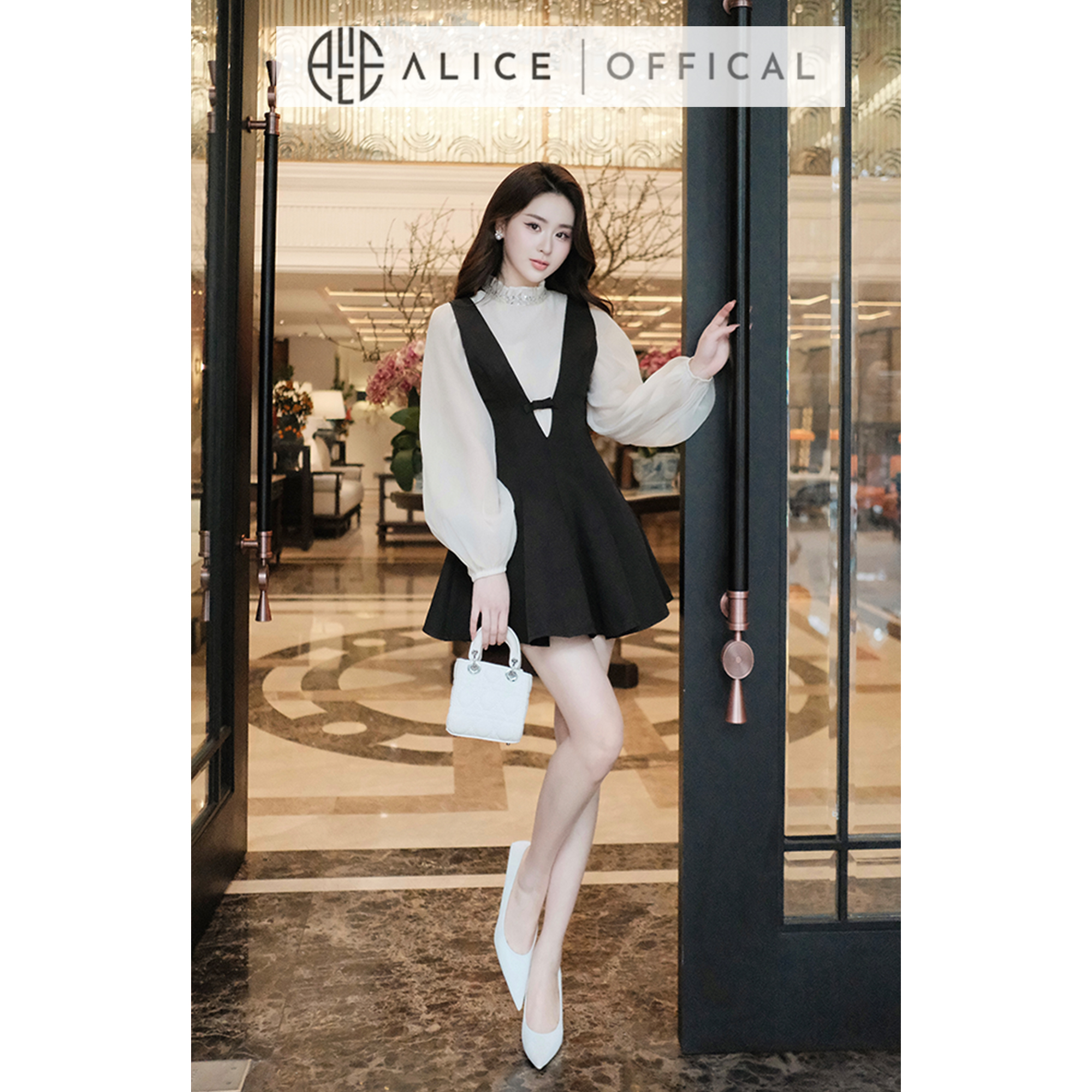 Mô tả Set Váy Nữ Tiểu Thư Alice, Váy Yếm Ôm Eo Chất Chéo Rubi Dáng Xòe Ngắn Phối Áo Tơ Xốp Cổ Đính Đá Tay Bồng S831 - 5