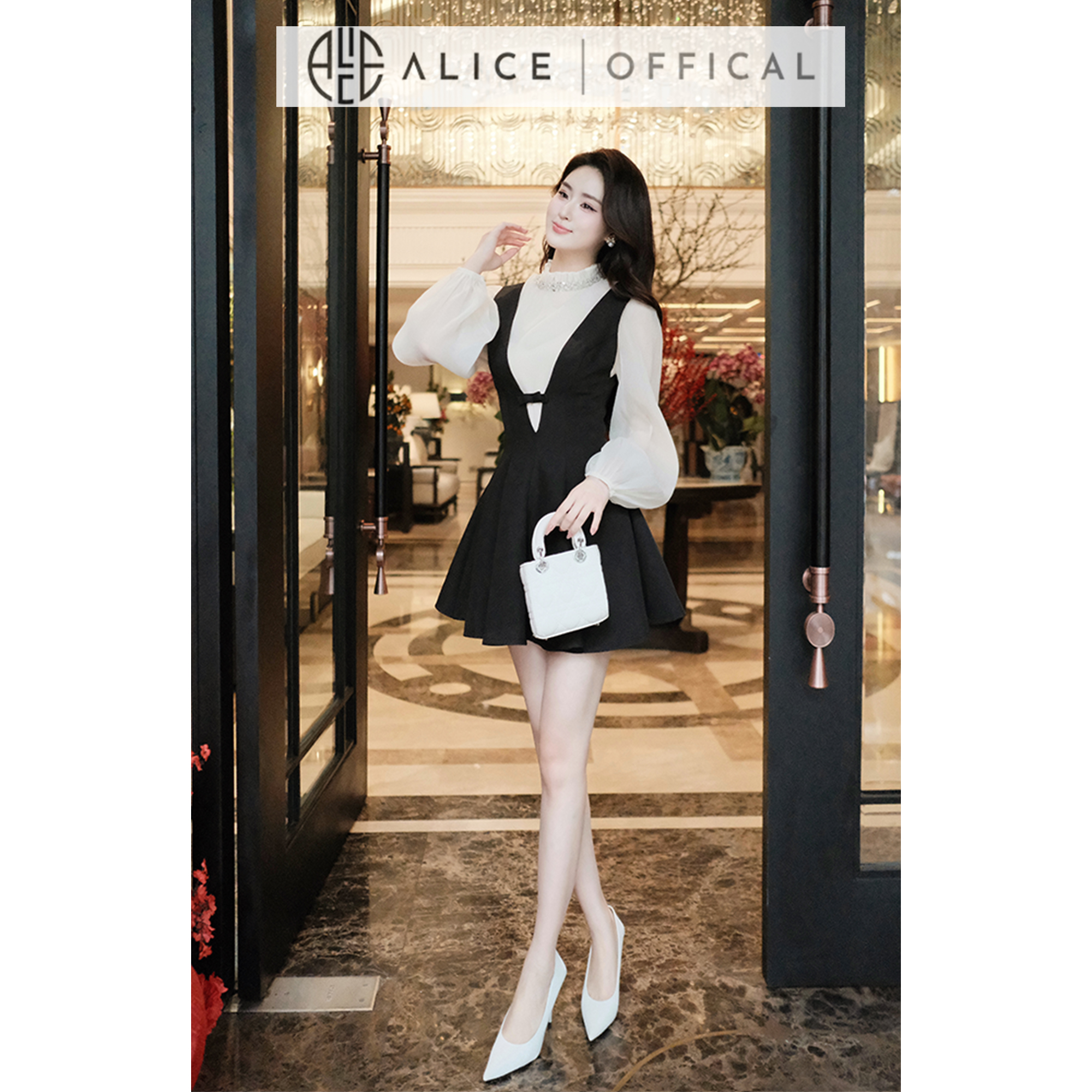 Mô tả Set Váy Nữ Tiểu Thư Alice, Váy Yếm Ôm Eo Chất Chéo Rubi Dáng Xòe Ngắn Phối Áo Tơ Xốp Cổ Đính Đá Tay Bồng S831 - 3