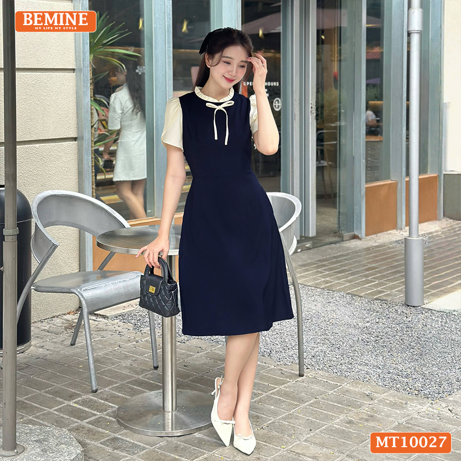 Mô tả Đầm thiết kế BEMINE cổ tròn viền xếp ly dáng chữ A tay búp sen phù hợp đi làm, đi dạo phố-MT10027 - 2