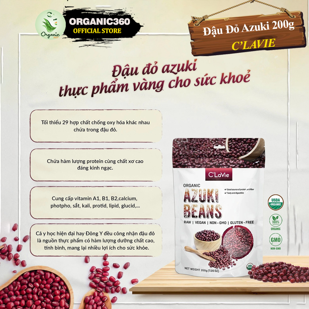 Mô tả Đậu Đỏ Azuki Hữu Cơ C’LAVIE 200g Organic Azuki Beans - 2