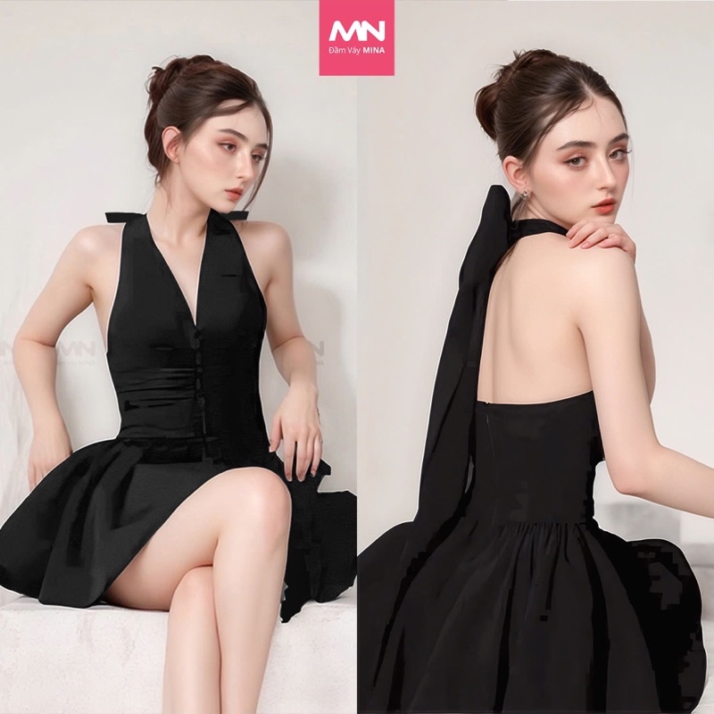 Mô tả Đầm dự tiệc MINA hở lưng dáng xoè ngắn quyến rũ chất Cotton màu đen MN303 - 1