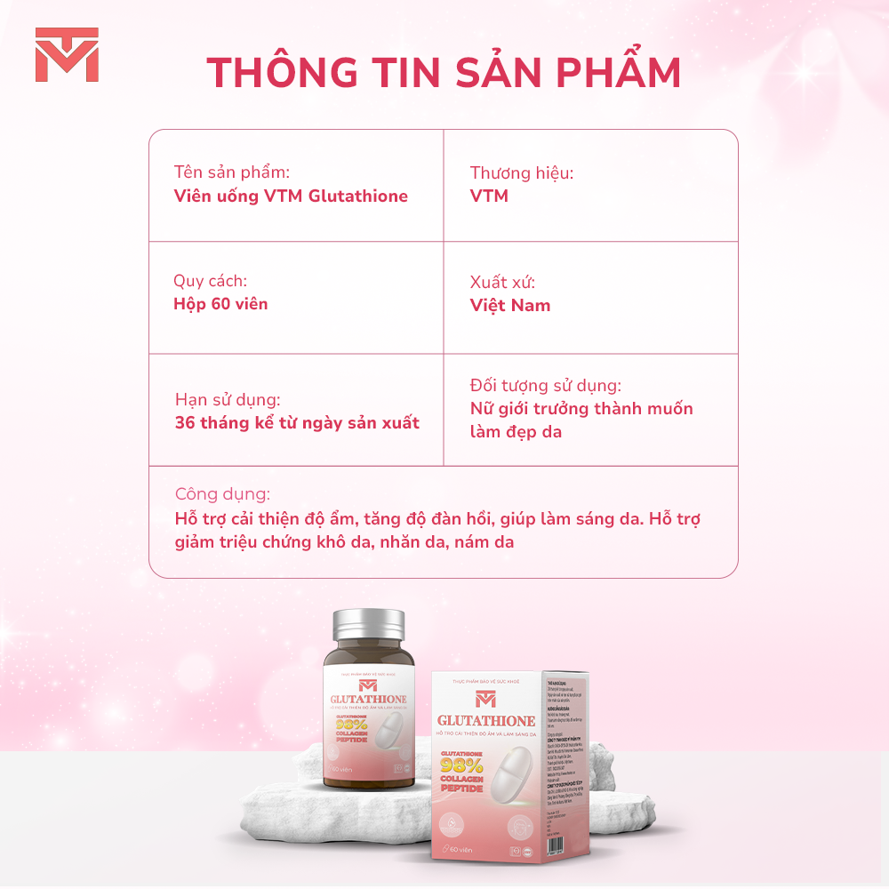 Mô tả Viên uống VTM Glutathione hỗ trợ làm sáng da, hỗ trợ giảm triệu chứng khô da, nhăn da, nám da - hộp 30 ngày - 1