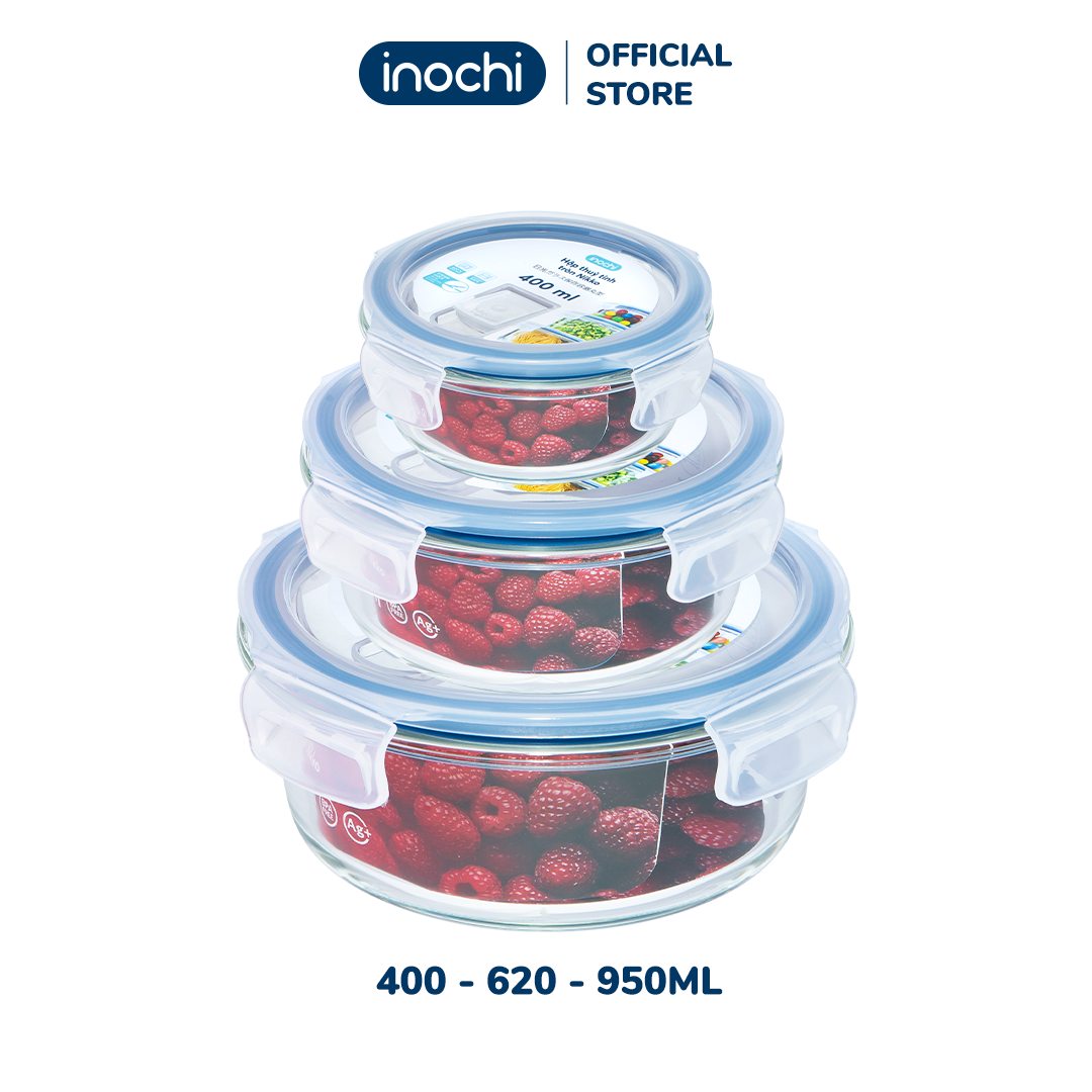 Hộp thuỷ tinh tròn Nikko Inochi dung tích 400-620-950ml, bảo quản thực ...